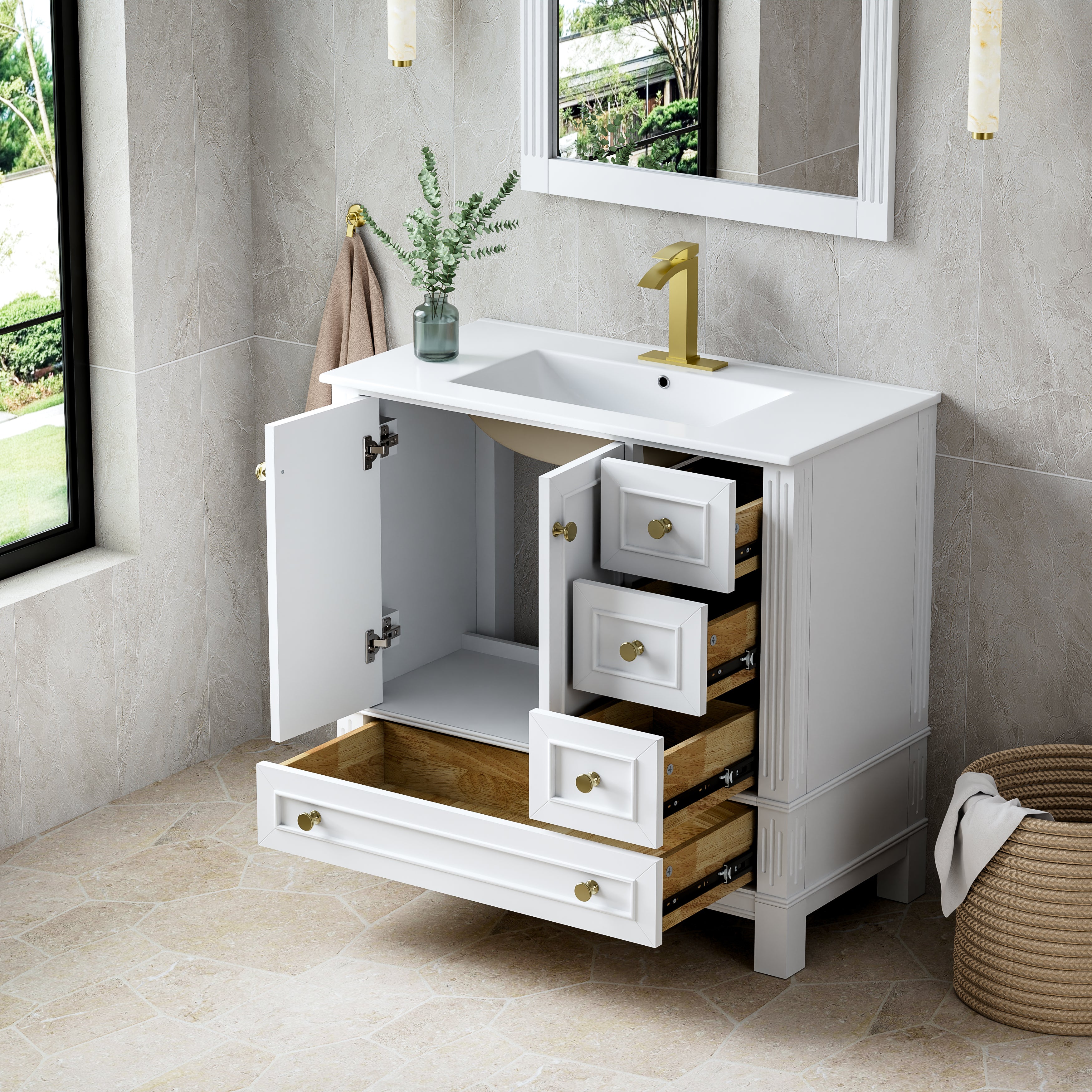 36 Inch Solid Wood Bathroom Vanity with cUPC Ceramic Basin, Soft-Close Doors and Brushed Gold Alloy Knobs
