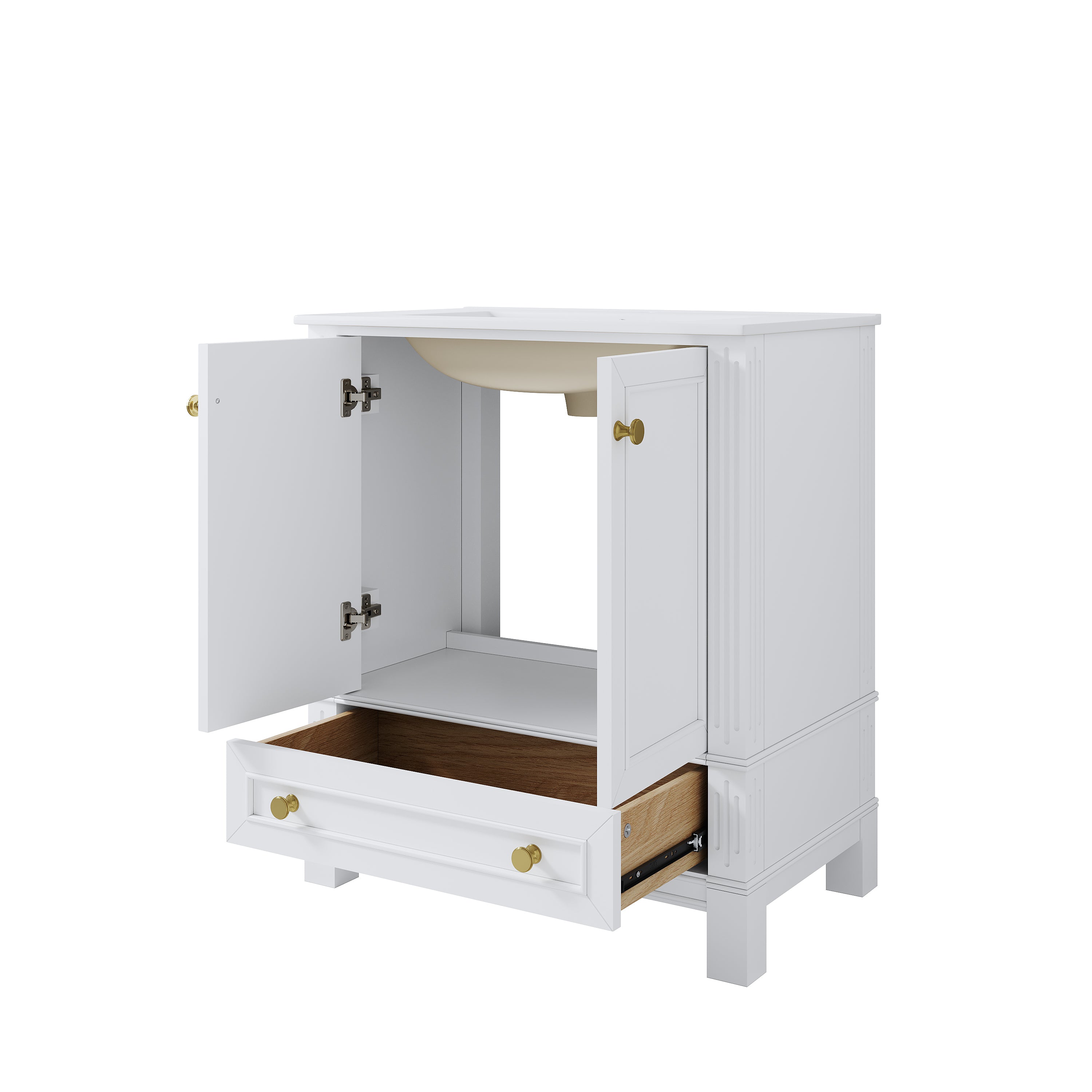 30 Inch Solid Wood Bathroom Vanity with cUPC Ceramic Basin, Soft-Close Doors and Brushed Gold Alloy Knobs