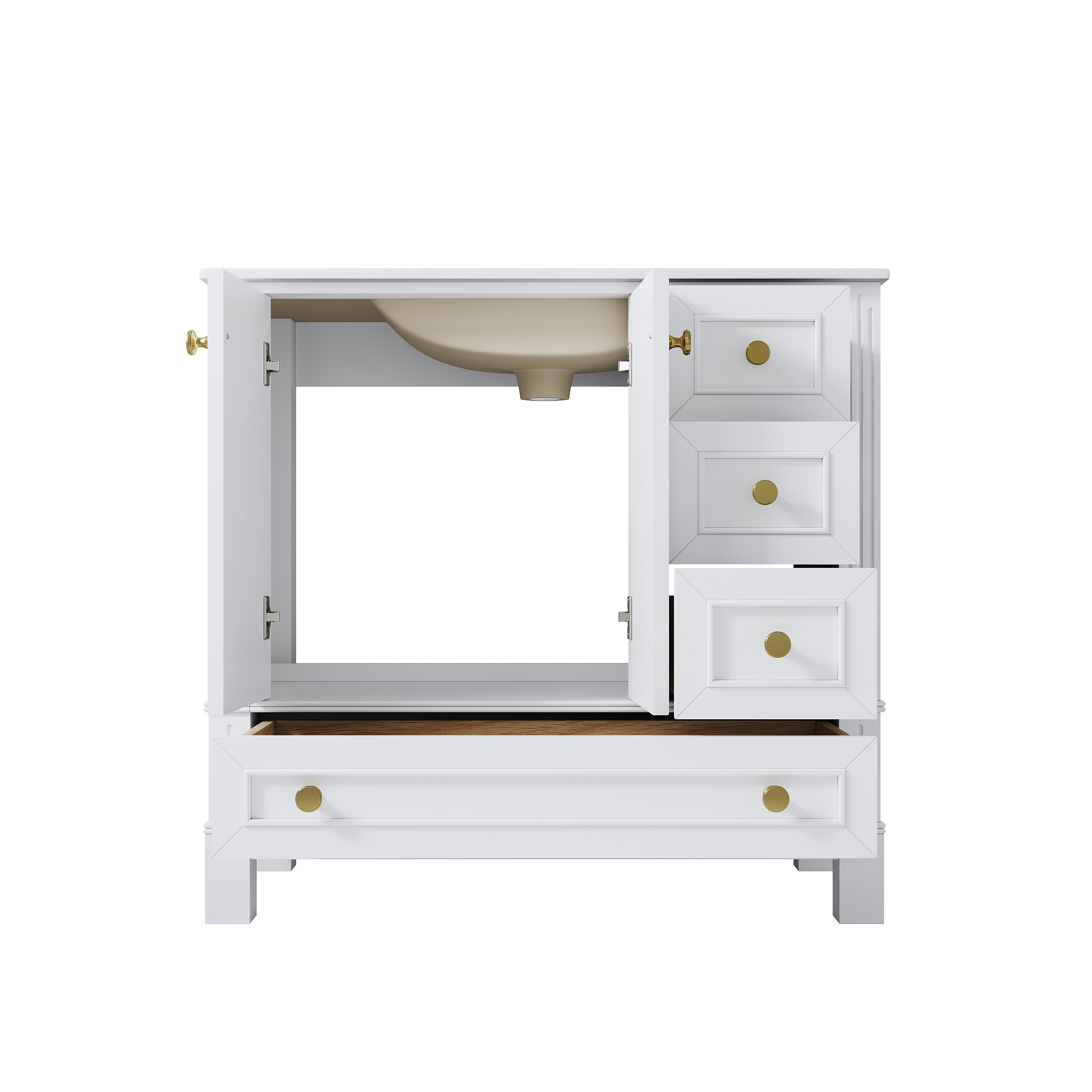 36 Inch Solid Wood Bathroom Vanity with cUPC Ceramic Basin, Soft-Close Doors and Brushed Gold Alloy Knobs