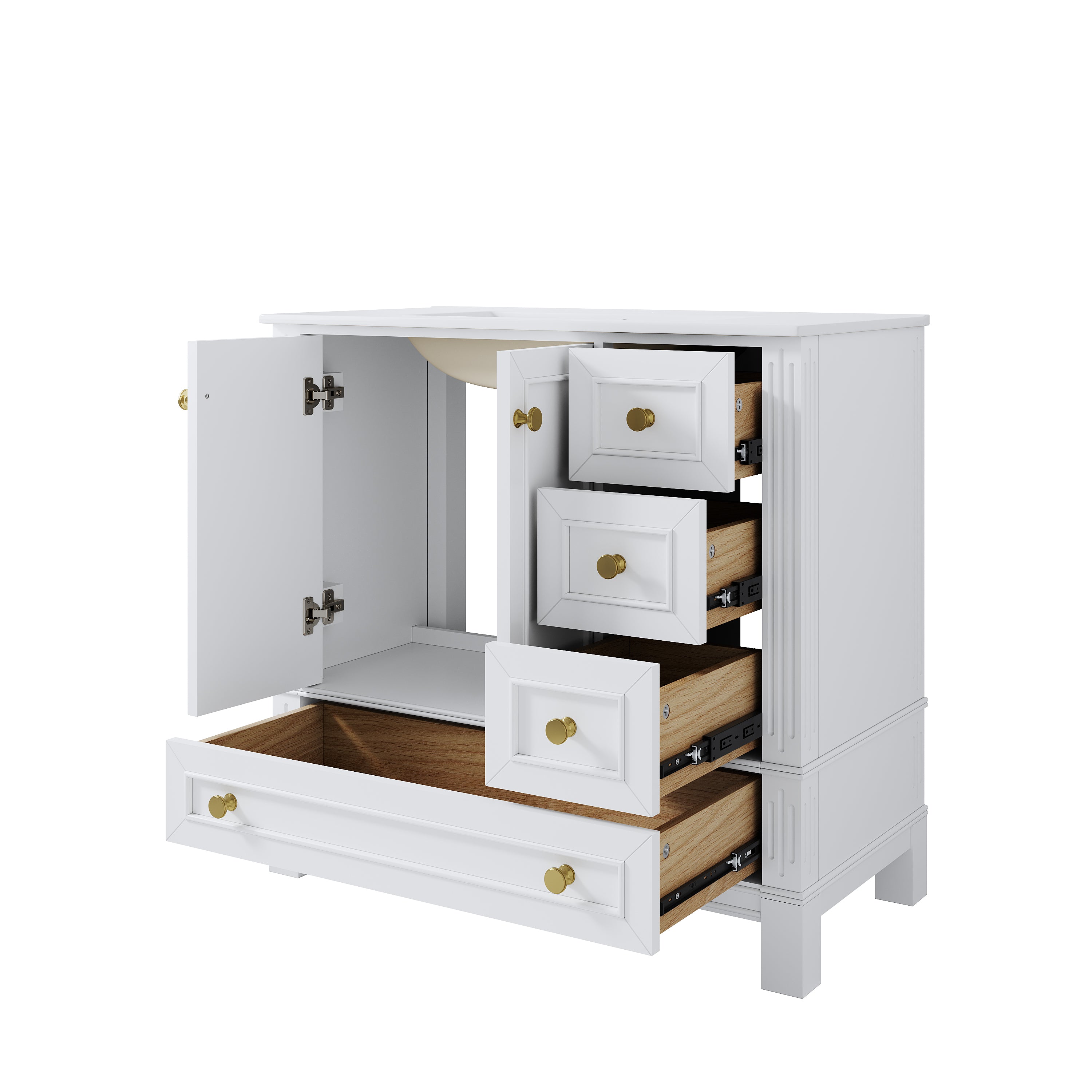 36 Inch Solid Wood Bathroom Vanity with cUPC Ceramic Basin, Soft-Close Doors and Brushed Gold Alloy Knobs
