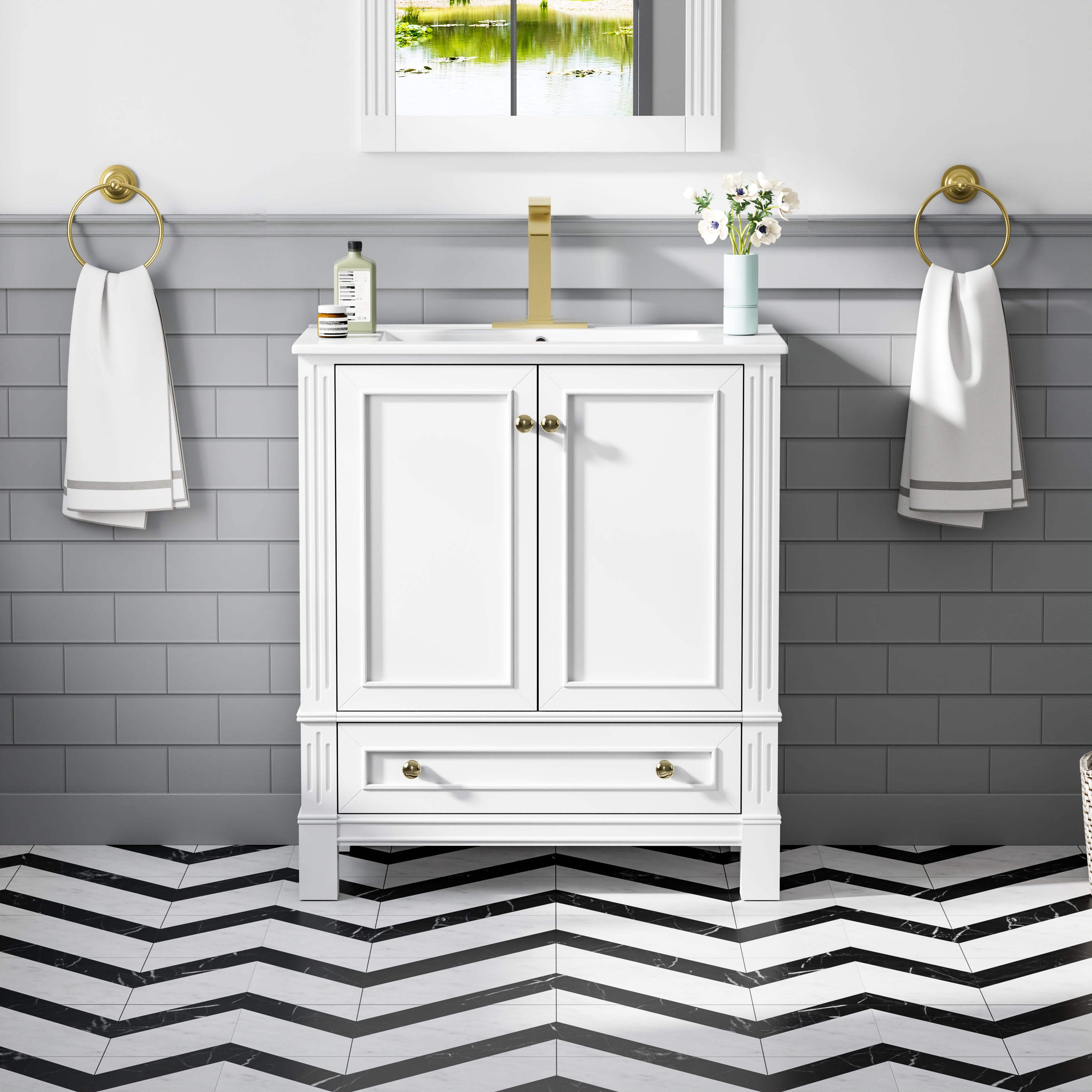 30 Inch Solid Wood Bathroom Vanity with cUPC Ceramic Basin, Soft-Close Doors and Brushed Gold Alloy Knobs