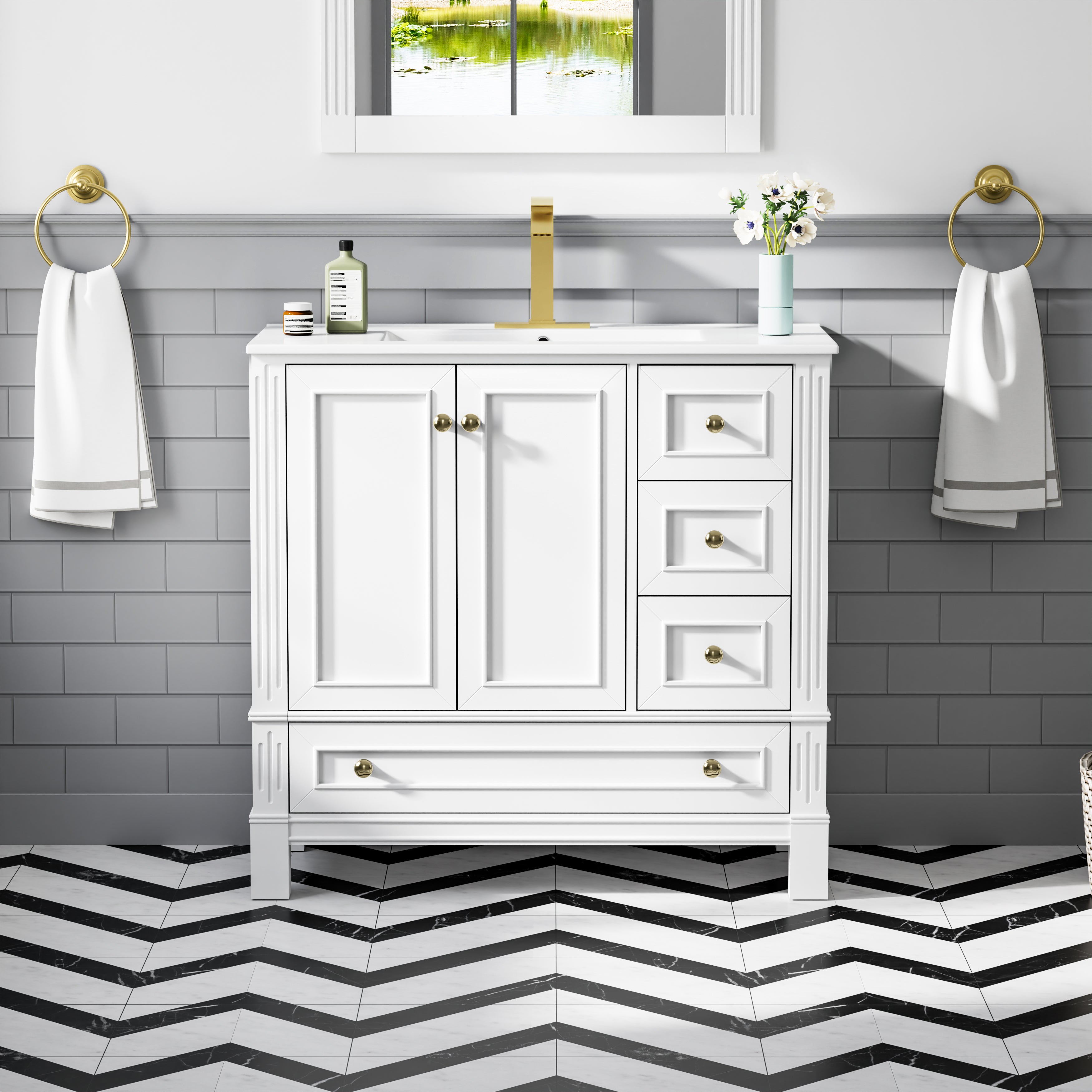 36 Inch Solid Wood Bathroom Vanity with cUPC Ceramic Basin, Soft-Close Doors and Brushed Gold Alloy Knobs