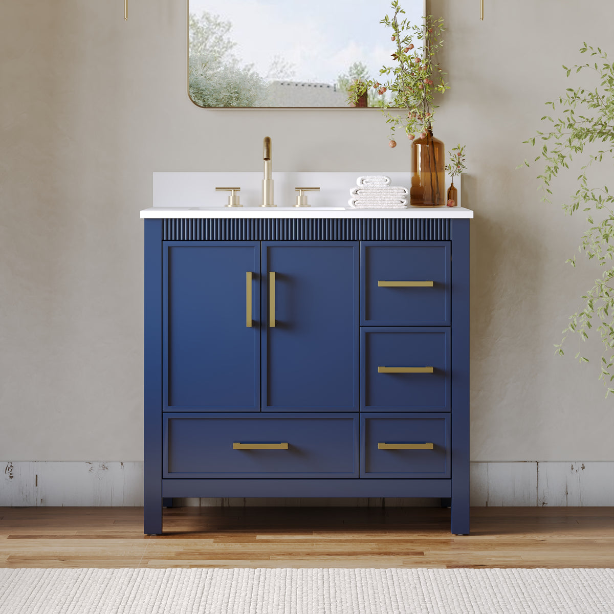 36 Inch Freestanding Solid Wood Bathroom Vanity with Fluted Molding, Pure White Quartz Countertop, Navy Blue