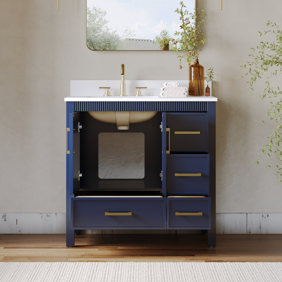 36 Inch Freestanding Solid Wood Bathroom Vanity with Fluted Molding, Pure White Quartz Countertop, Navy Blue