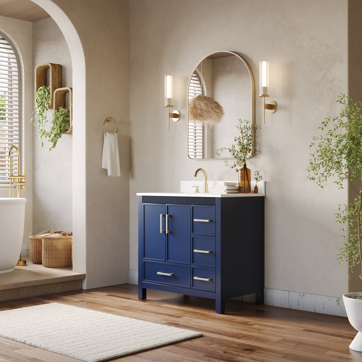 36 Inch Freestanding Solid Wood Bathroom Vanity with Fluted Molding, Pure White Quartz Countertop, Navy Blue