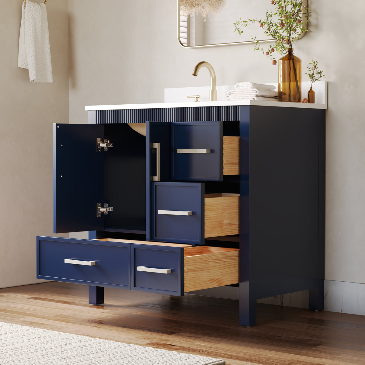36 Inch Freestanding Solid Wood Bathroom Vanity with Fluted Molding, Pure White Quartz Countertop, Navy Blue