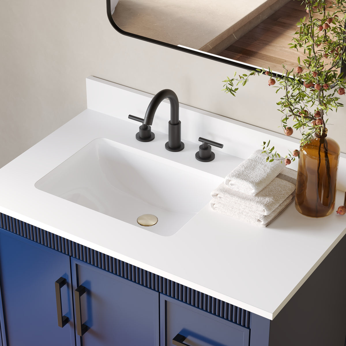 36 Inch Freestanding Solid Wood Bathroom Vanity with Fluted Molding, Pure White Quartz Countertop, Navy Blue