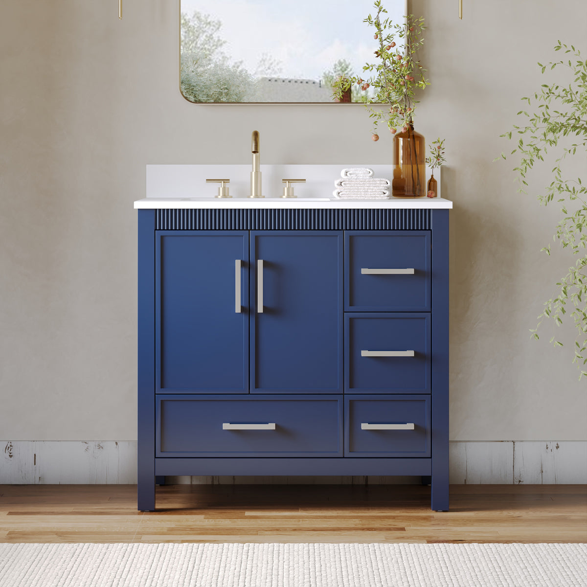 36 Inch Freestanding Solid Wood Bathroom Vanity with Fluted Molding, Pure White Quartz Countertop, Navy Blue