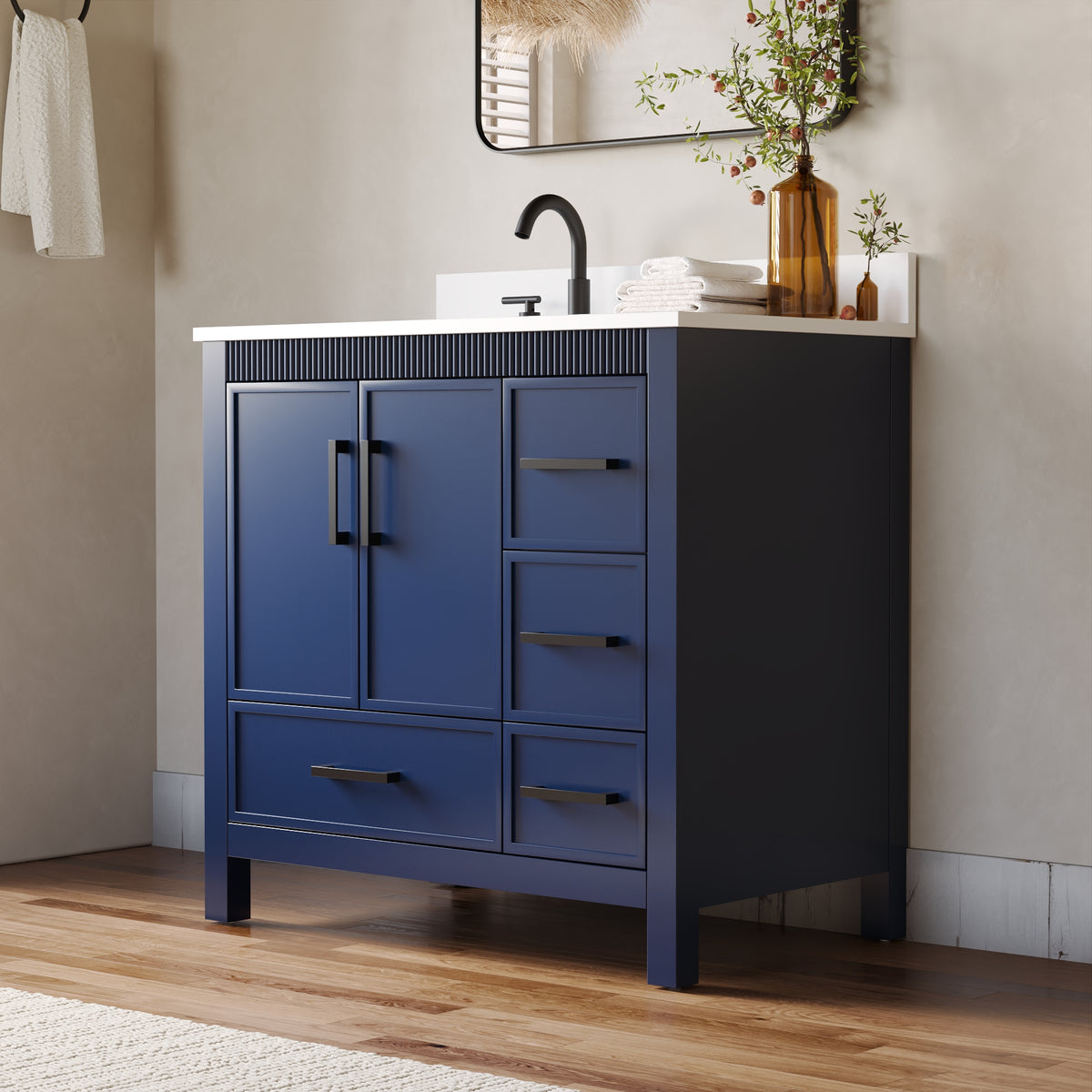 36 Inch Freestanding Solid Wood Bathroom Vanity with Fluted Molding, Pure White Quartz Countertop, Navy Blue