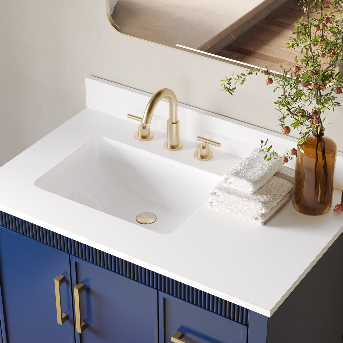 36 Inch Freestanding Solid Wood Bathroom Vanity with Fluted Molding, Pure White Quartz Countertop, Navy Blue