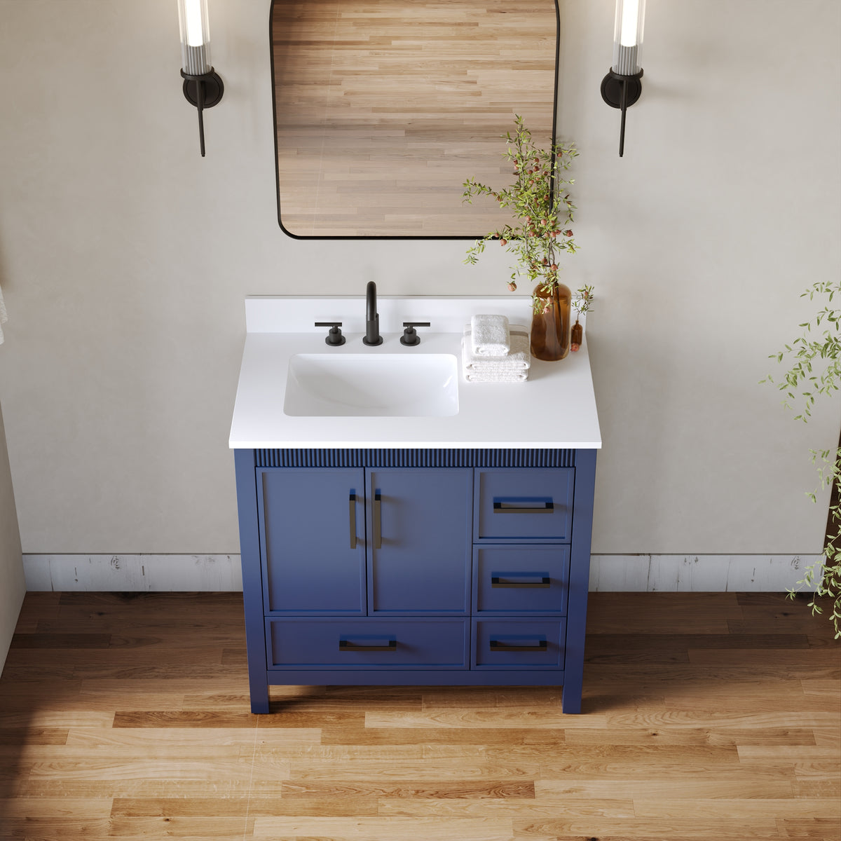 36 Inch Freestanding Solid Wood Bathroom Vanity with Fluted Molding, Pure White Quartz Countertop, Navy Blue