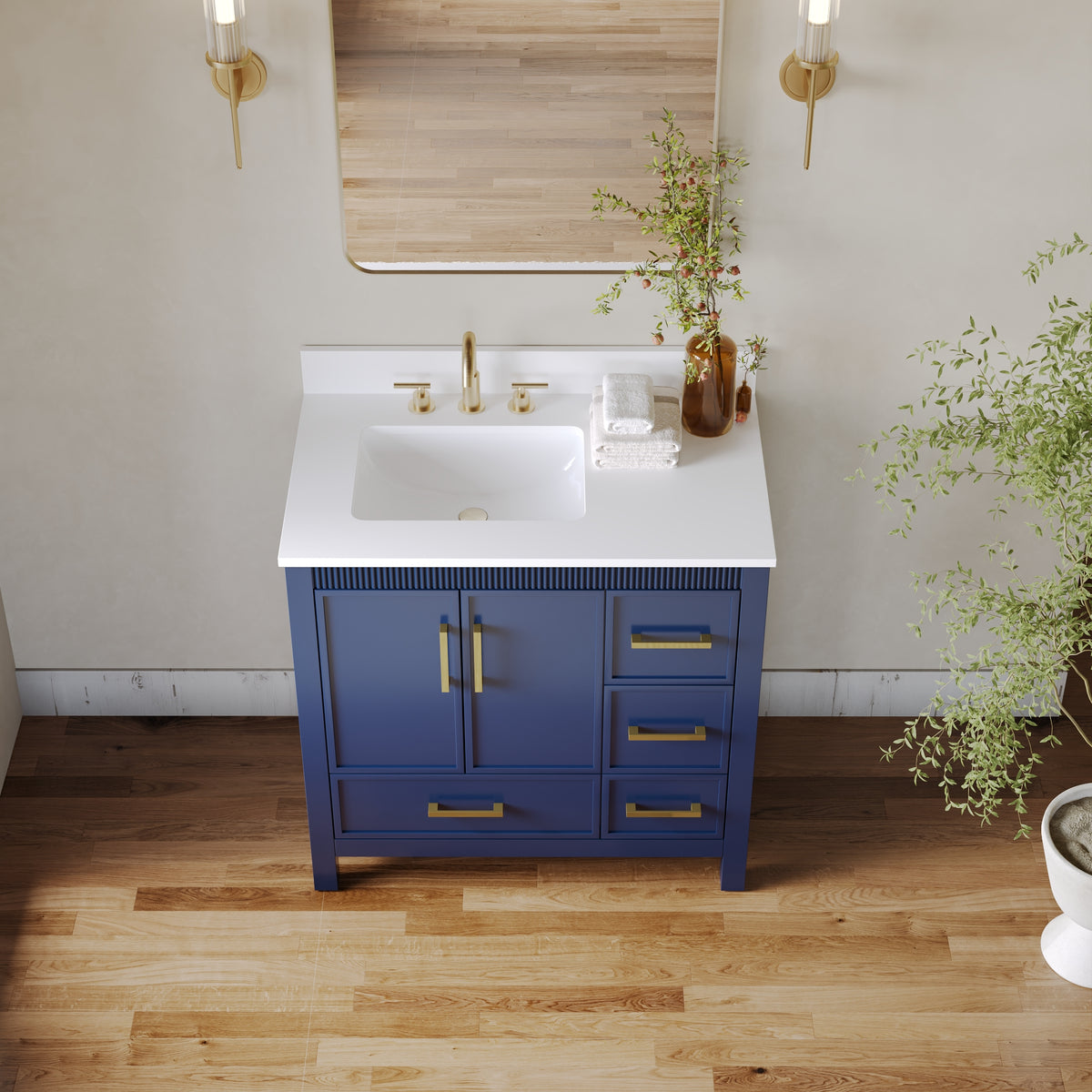 36 Inch Freestanding Solid Wood Bathroom Vanity with Fluted Molding, Pure White Quartz Countertop, Navy Blue