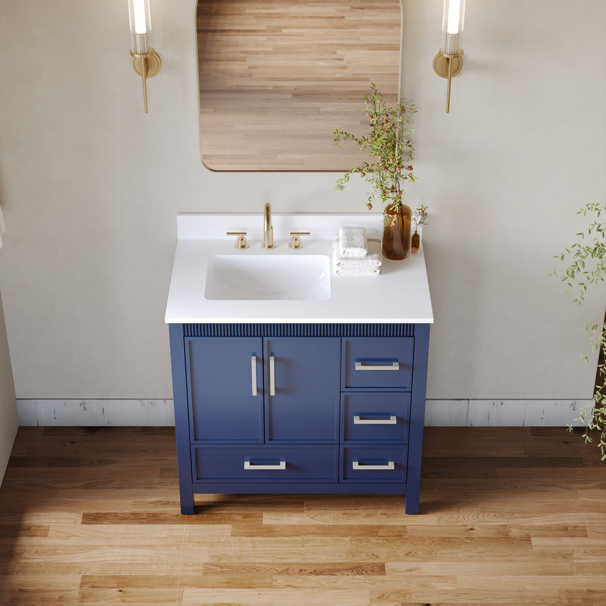 36 Inch Freestanding Solid Wood Bathroom Vanity with Fluted Molding, Pure White Quartz Countertop, Navy Blue