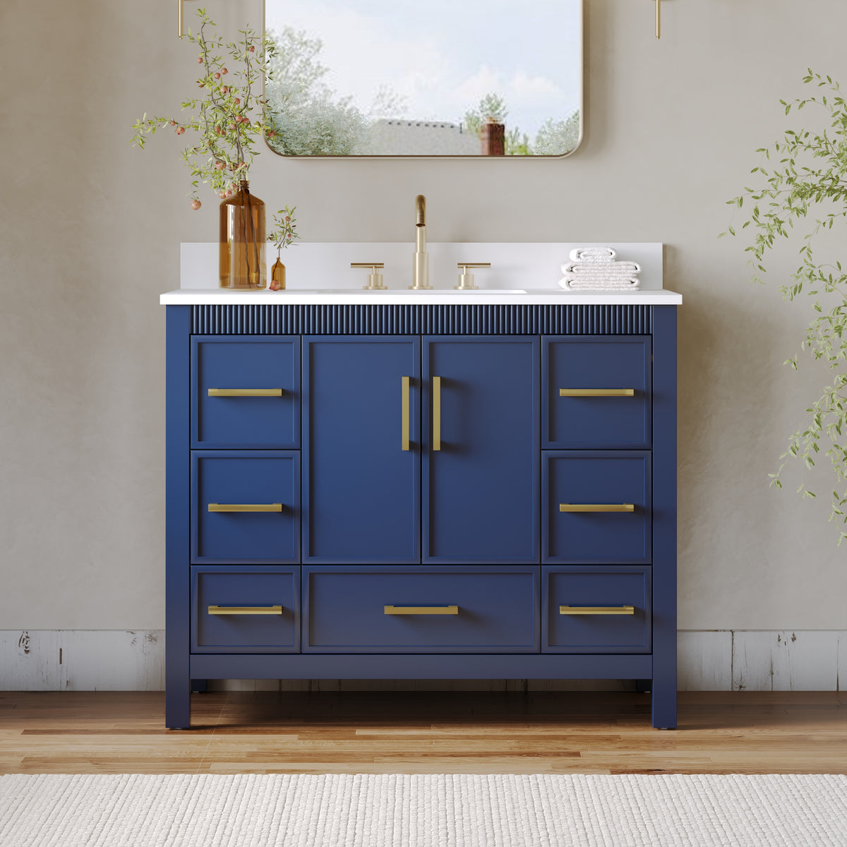 42 Inch Freestanding Solid Wood Bathroom Vanity with Fluted Molding, Pure White Quartz Countertop, Navy Blue