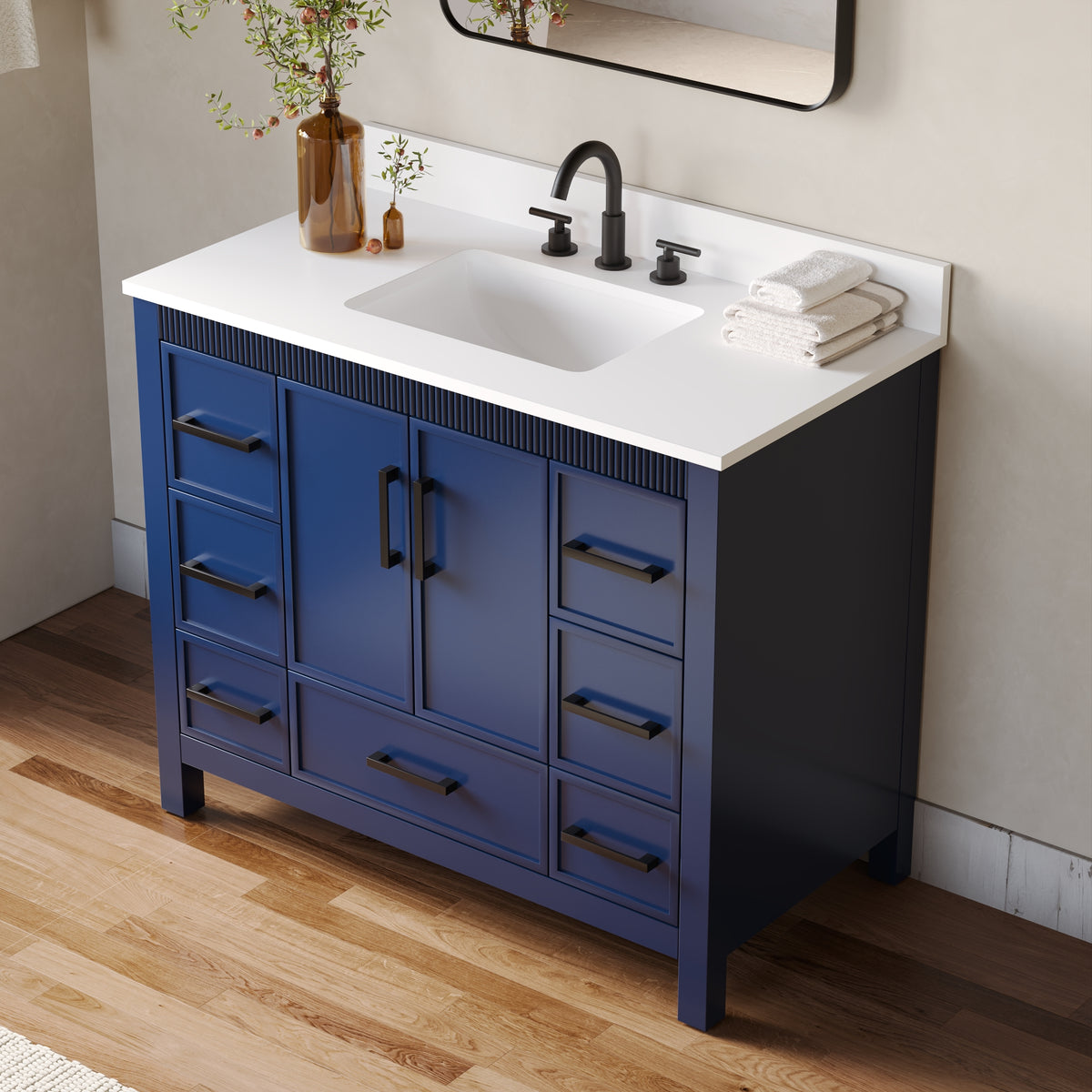 42 Inch Freestanding Solid Wood Bathroom Vanity with Fluted Molding, Pure White Quartz Countertop, Navy Blue