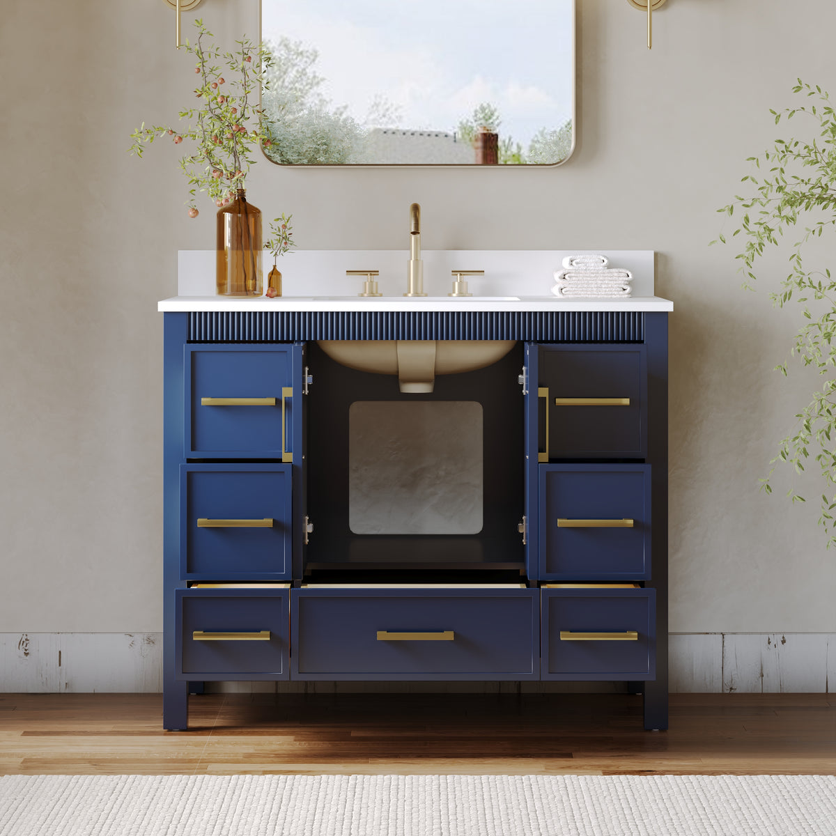 42 Inch Freestanding Solid Wood Bathroom Vanity with Fluted Molding, Pure White Quartz Countertop, Navy Blue