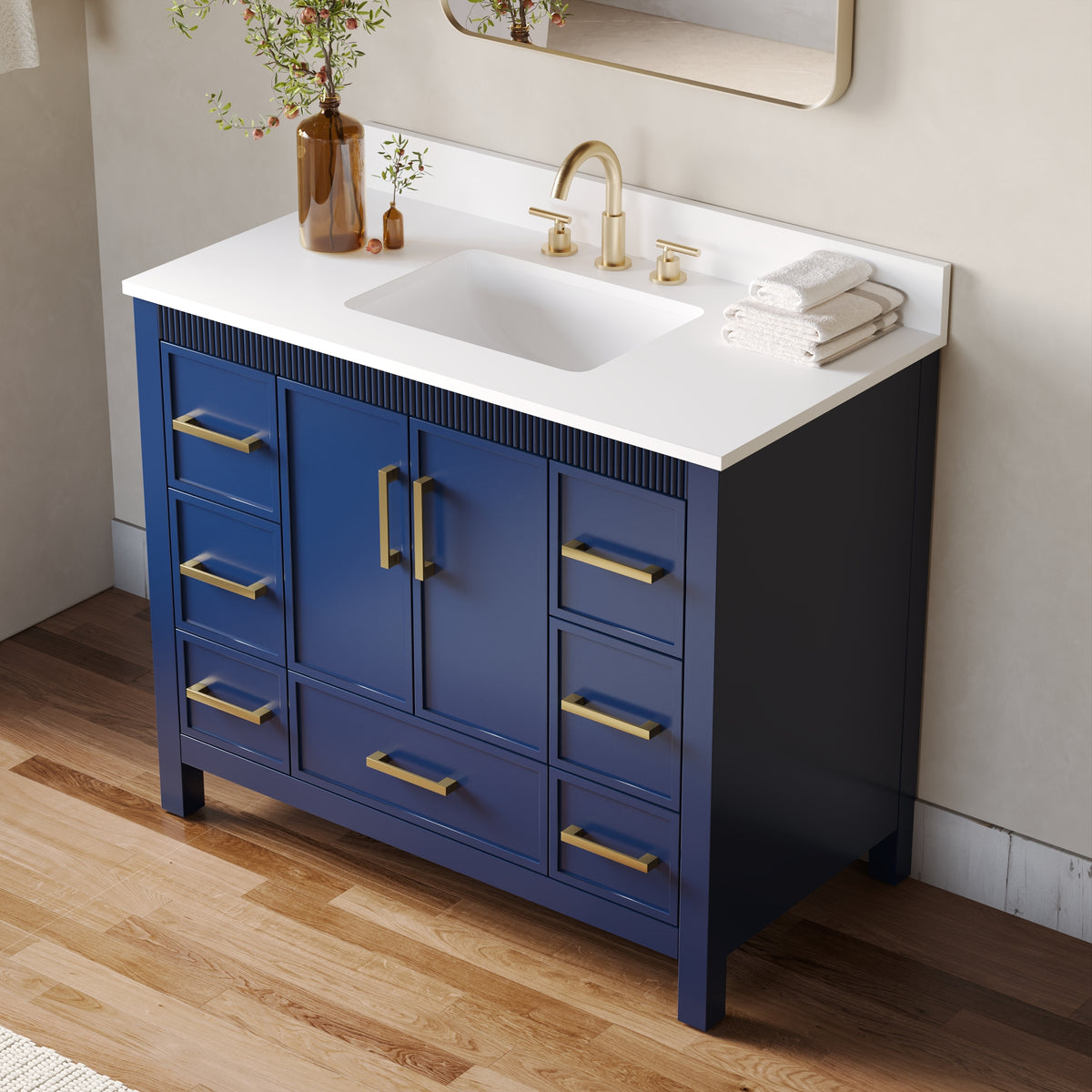 42 Inch Freestanding Solid Wood Bathroom Vanity with Fluted Molding, Pure White Quartz Countertop, Navy Blue