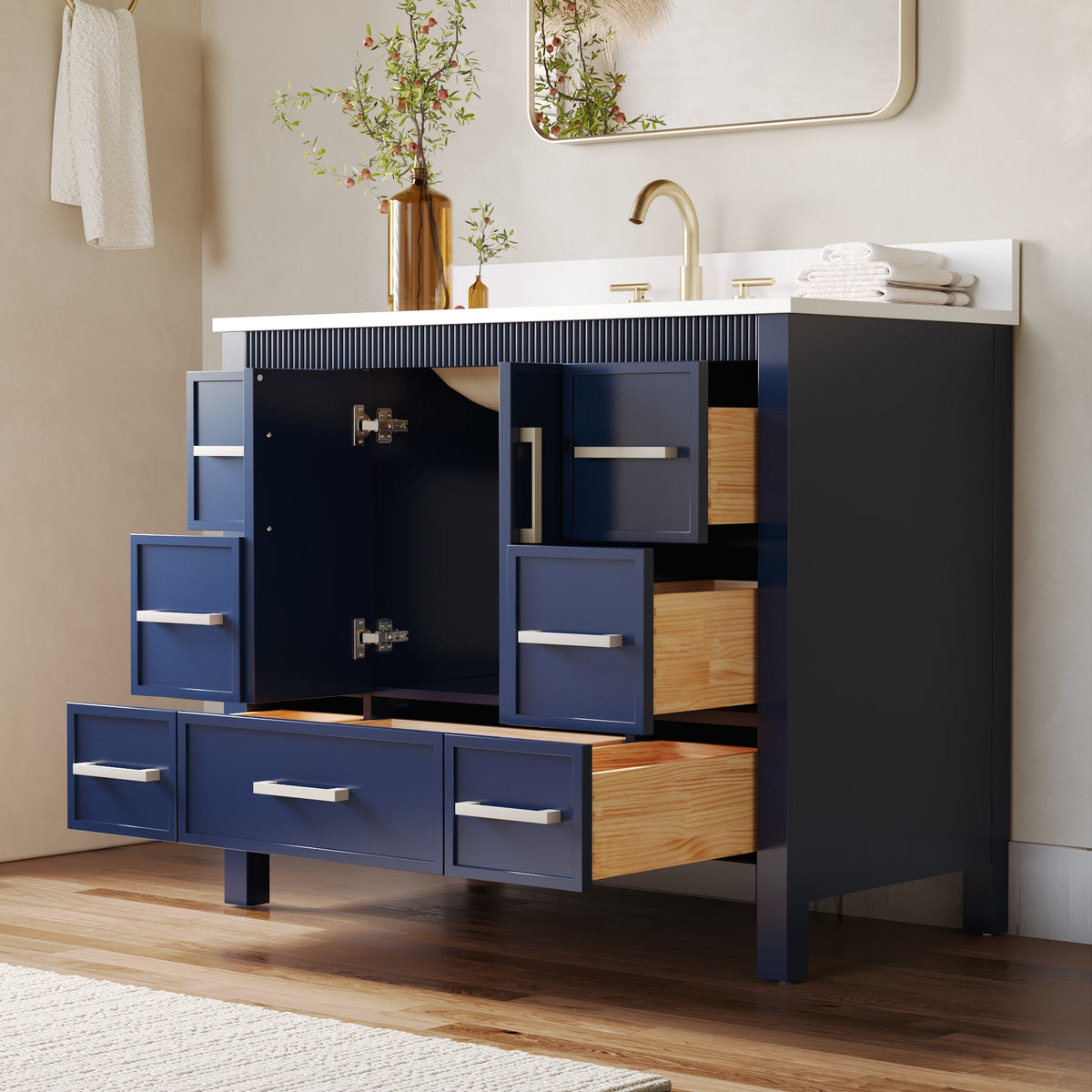 42 Inch Freestanding Solid Wood Bathroom Vanity with Fluted Molding, Pure White Quartz Countertop, Navy Blue