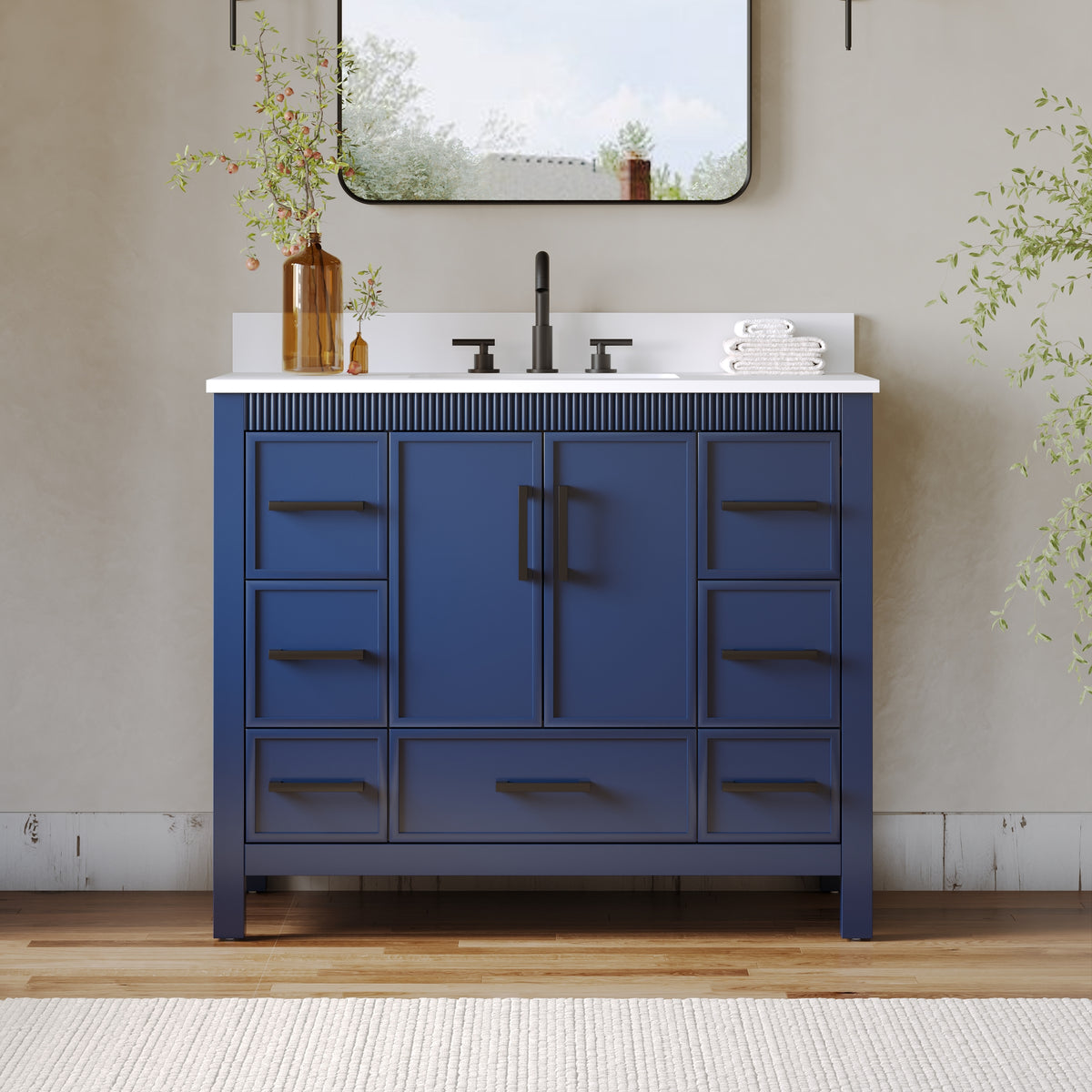 42 Inch Freestanding Solid Wood Bathroom Vanity with Fluted Molding, Pure White Quartz Countertop, Navy Blue