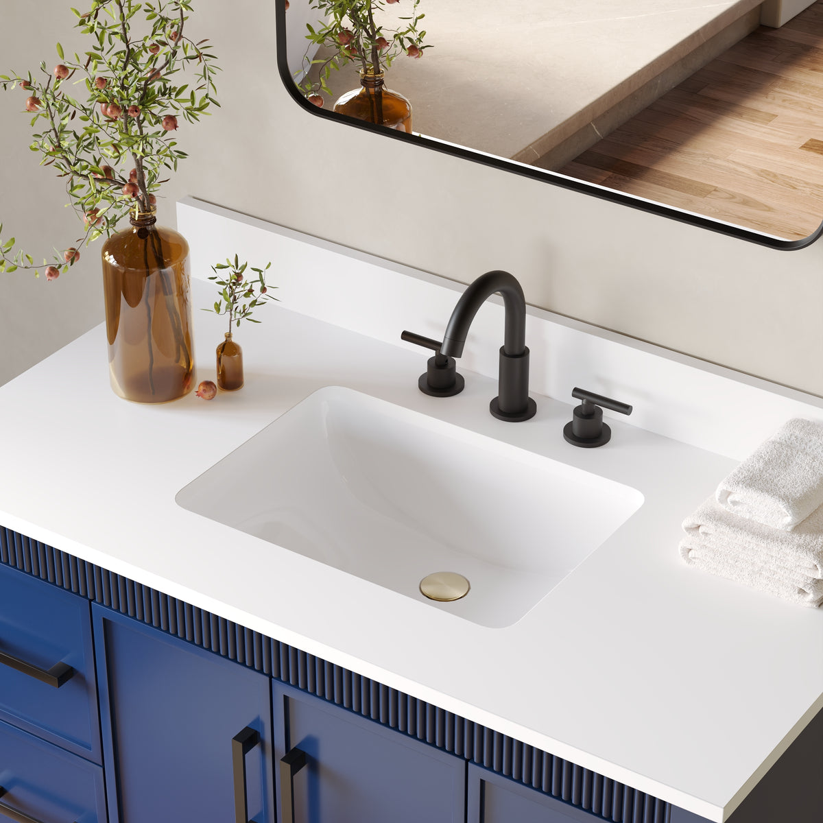 42 Inch Freestanding Solid Wood Bathroom Vanity with Fluted Molding, Pure White Quartz Countertop, Navy Blue