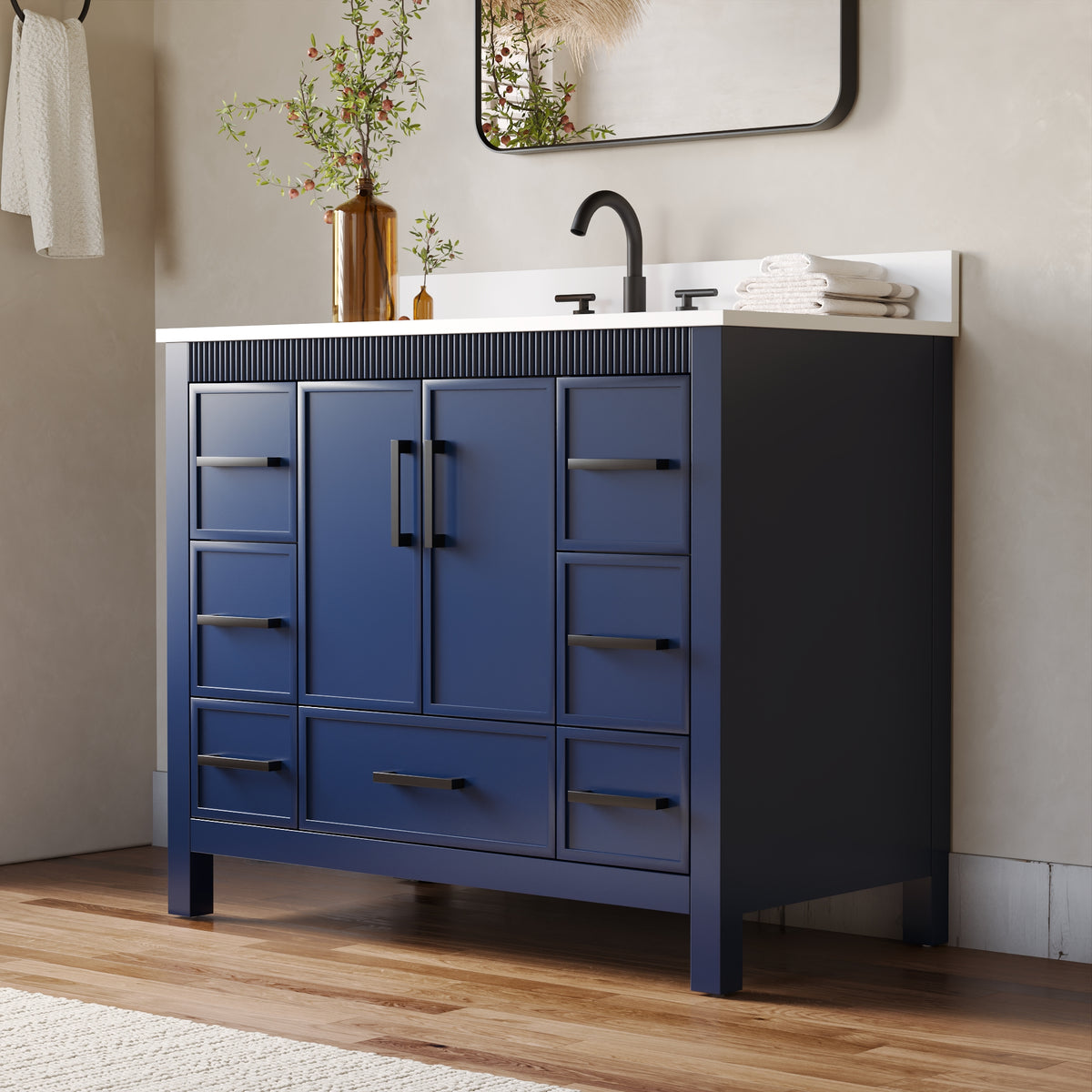 42 Inch Freestanding Solid Wood Bathroom Vanity with Fluted Molding, Pure White Quartz Countertop, Navy Blue