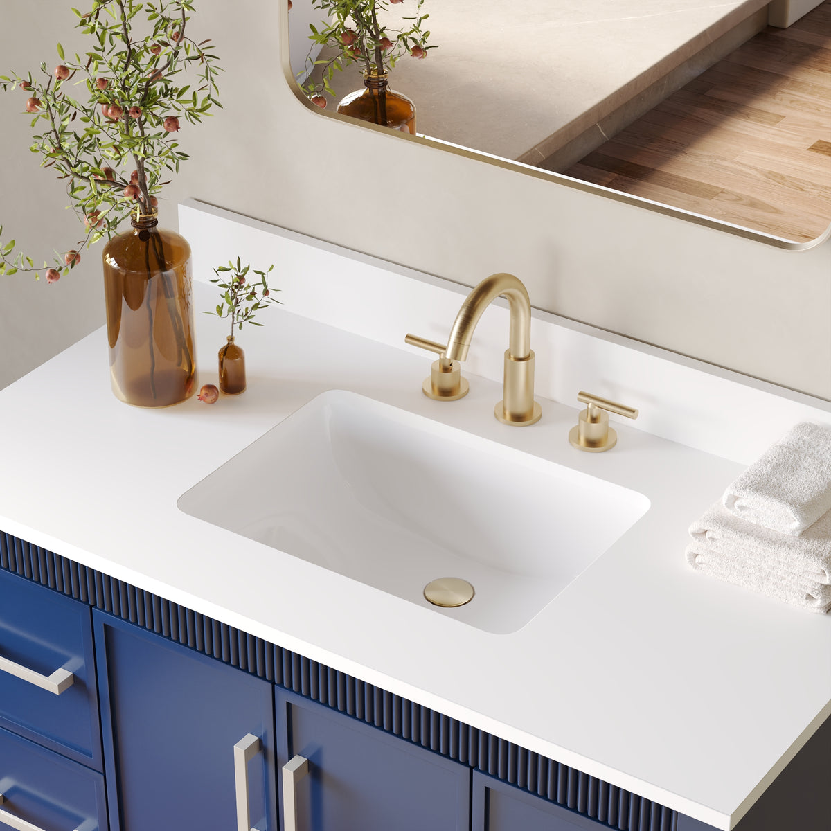 42 Inch Freestanding Solid Wood Bathroom Vanity with Fluted Molding, Pure White Quartz Countertop, Navy Blue