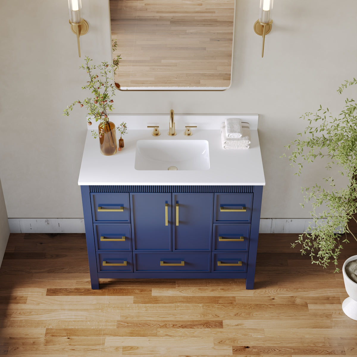 42 Inch Freestanding Solid Wood Bathroom Vanity with Fluted Molding, Pure White Quartz Countertop, Navy Blue