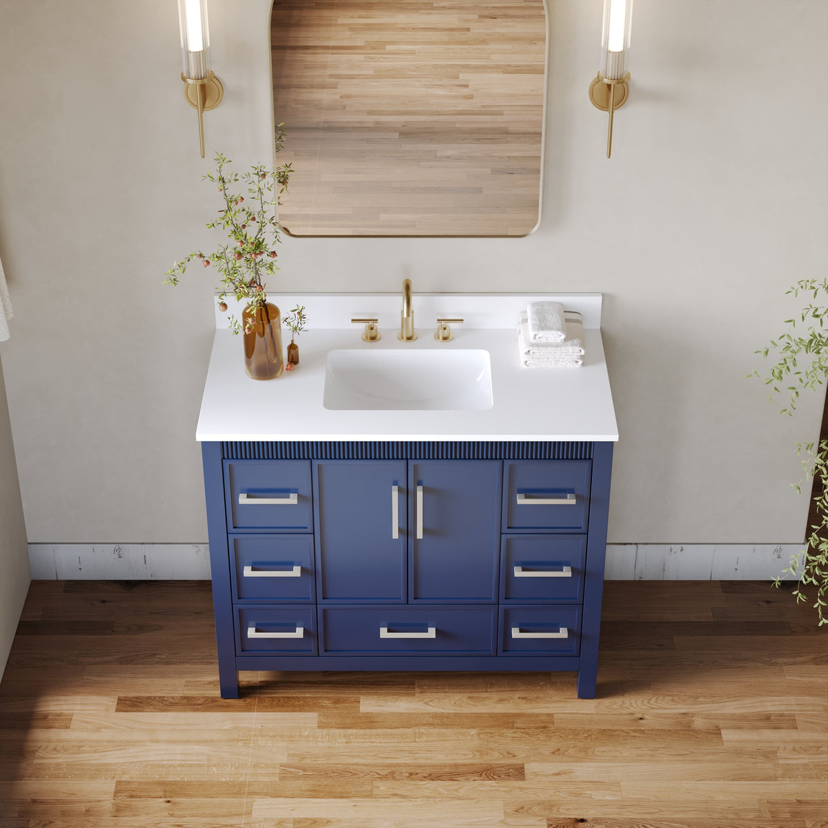 42 Inch Freestanding Solid Wood Bathroom Vanity with Fluted Molding, Pure White Quartz Countertop, Navy Blue