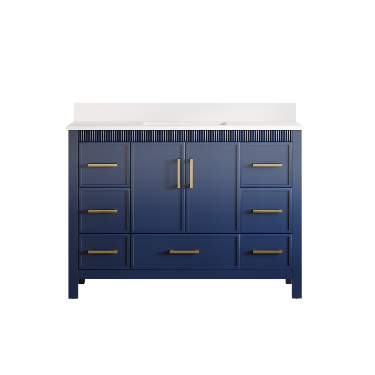 48 Inch Freestanding Solid Wood Bathroom Vanity with Fluted Molding, Pure White Quartz Countertop, Navy Blue