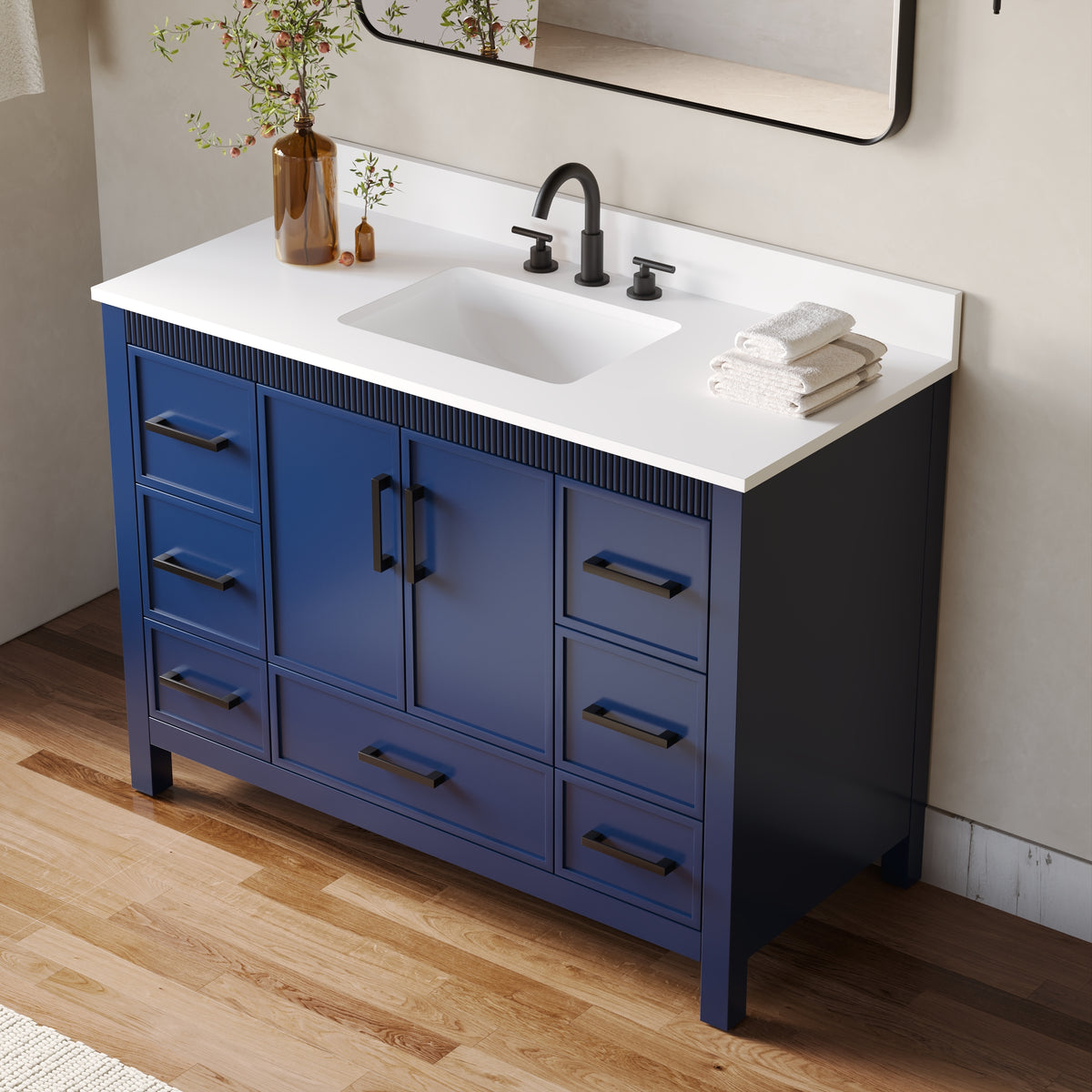 48 Inch Freestanding Solid Wood Bathroom Vanity with Fluted Molding, Pure White Quartz Countertop, Navy Blue