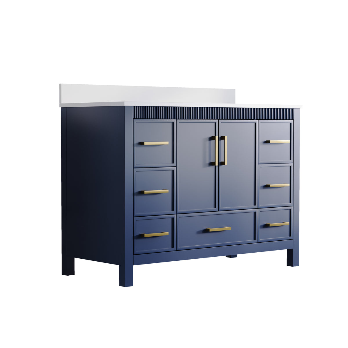 48 Inch Freestanding Solid Wood Bathroom Vanity with Fluted Molding, Pure White Quartz Countertop, Navy Blue