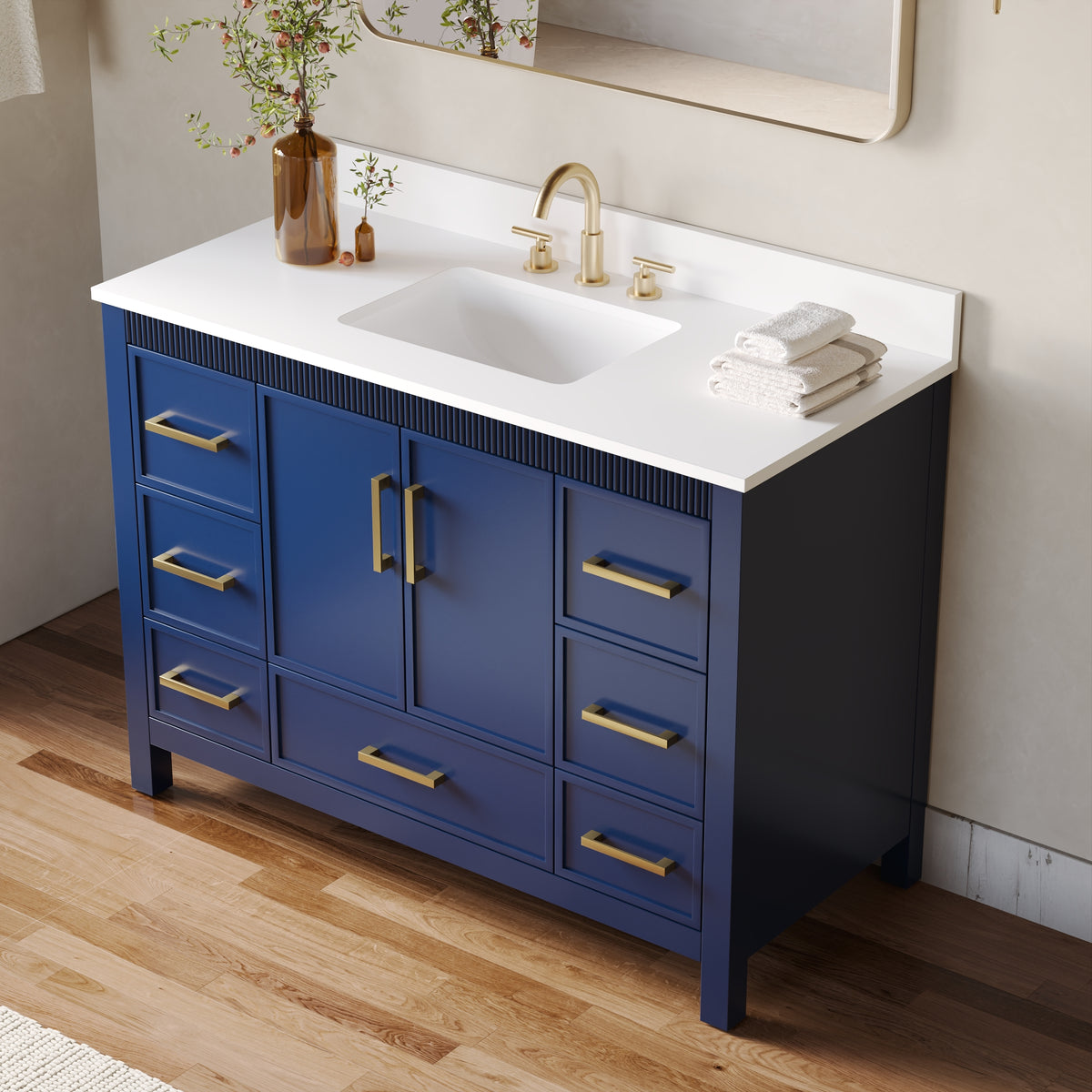 48 Inch Freestanding Solid Wood Bathroom Vanity with Fluted Molding, Pure White Quartz Countertop, Navy Blue