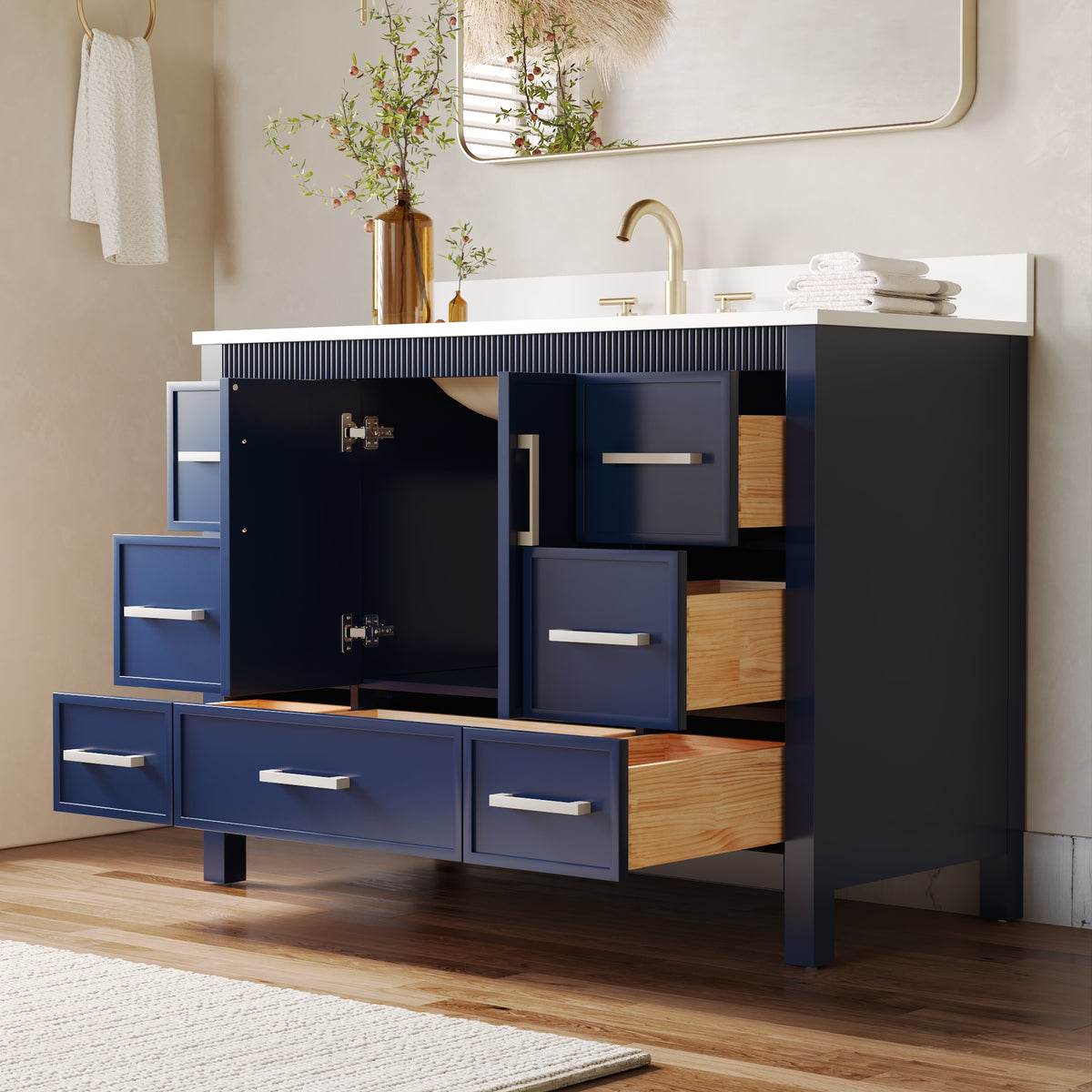 48 Inch Freestanding Solid Wood Bathroom Vanity with Fluted Molding, Pure White Quartz Countertop, Navy Blue
