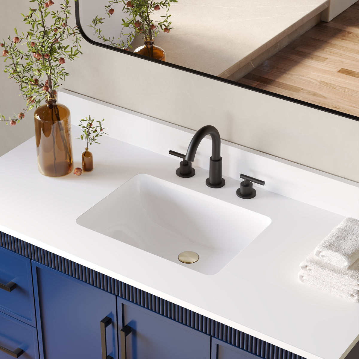 48 Inch Freestanding Solid Wood Bathroom Vanity with Fluted Molding, Pure White Quartz Countertop, Navy Blue