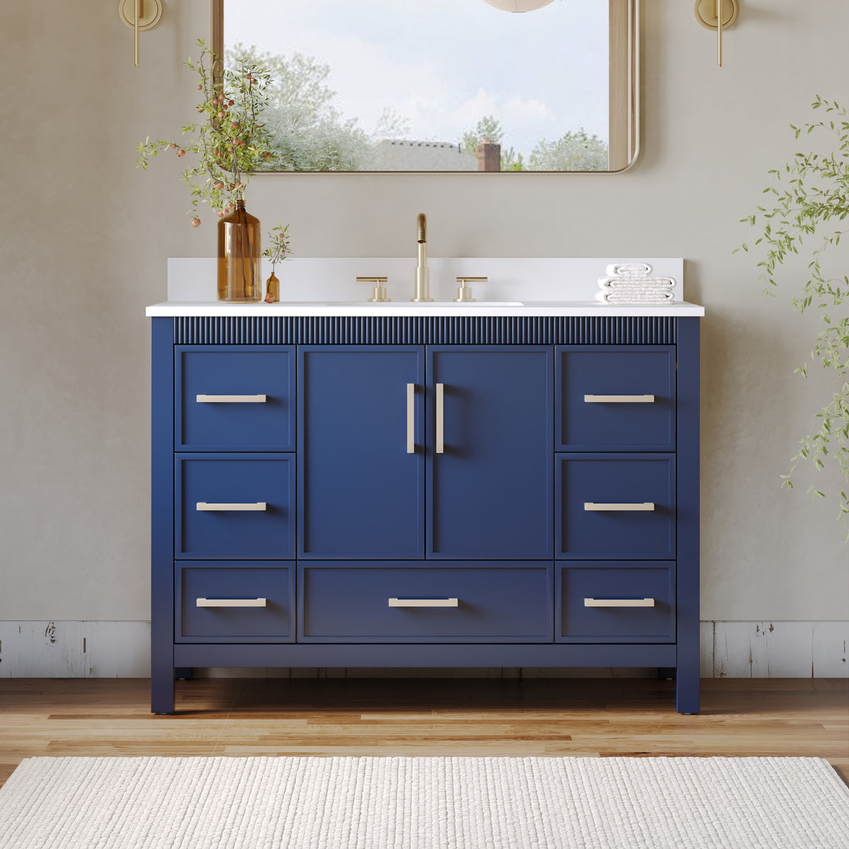 48 Inch Freestanding Solid Wood Bathroom Vanity with Fluted Molding, Pure White Quartz Countertop, Navy Blue