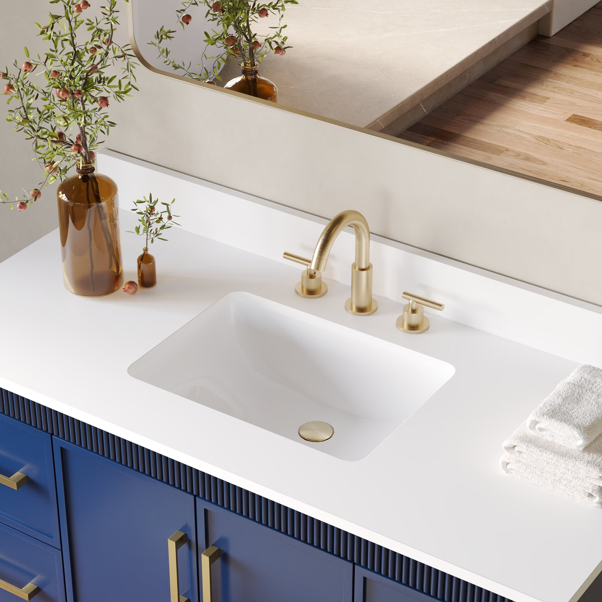 48 Inch Freestanding Solid Wood Bathroom Vanity with Fluted Molding, Pure White Quartz Countertop, Navy Blue