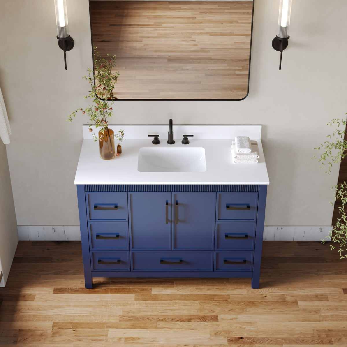 48 Inch Freestanding Solid Wood Bathroom Vanity with Fluted Molding, Pure White Quartz Countertop, Navy Blue