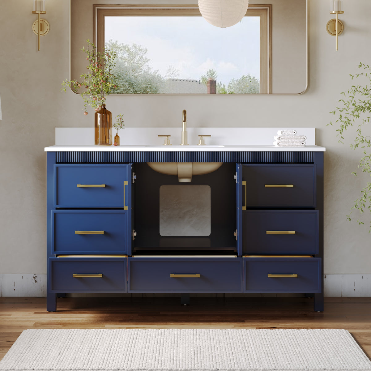 60 Inch Freestanding Solid Wood Bathroom Vanity with Pure White Quartz Countertop, 2 Soft-Close Doors & 7 Dovetail Drawers, Navy Blue