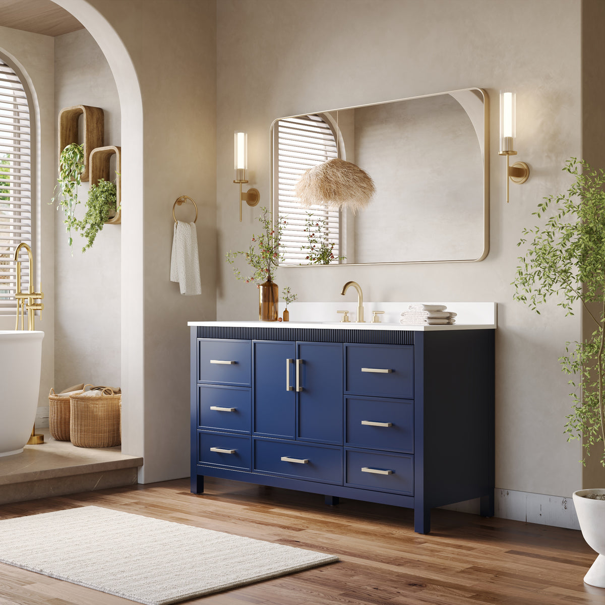 60 Inch Freestanding Solid Wood Bathroom Vanity with Pure White Quartz Countertop, 2 Soft-Close Doors & 7 Dovetail Drawers, Navy Blue