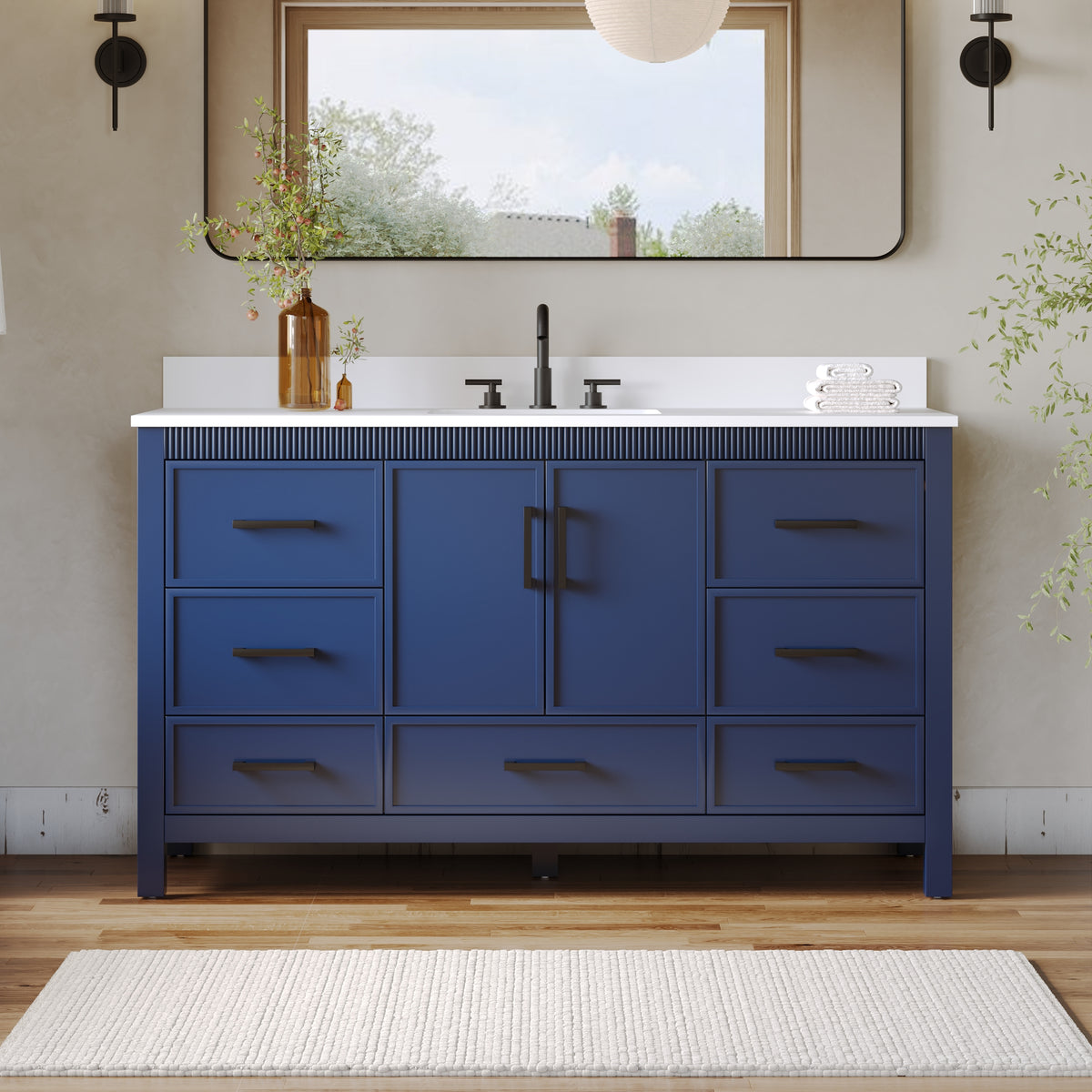 60 Inch Freestanding Solid Wood Bathroom Vanity with Pure White Quartz Countertop, 2 Soft-Close Doors & 7 Dovetail Drawers, Navy Blue
