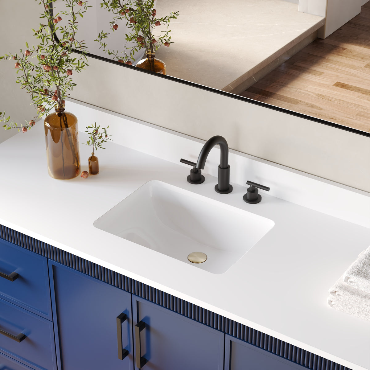 60 Inch Freestanding Solid Wood Bathroom Vanity with Pure White Quartz Countertop, 2 Soft-Close Doors & 7 Dovetail Drawers, Navy Blue