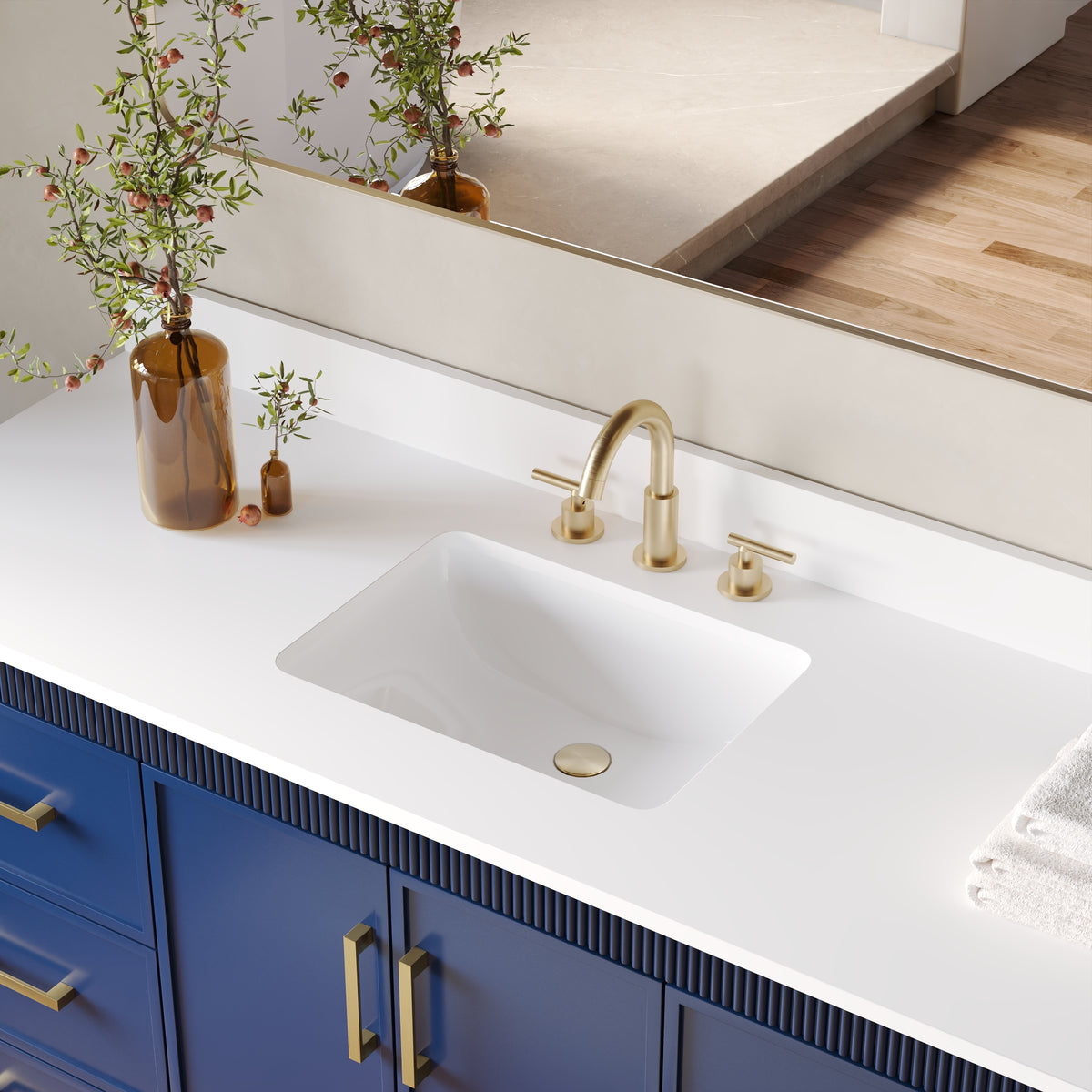 60 Inch Freestanding Solid Wood Bathroom Vanity with Pure White Quartz Countertop, 2 Soft-Close Doors & 7 Dovetail Drawers, Navy Blue