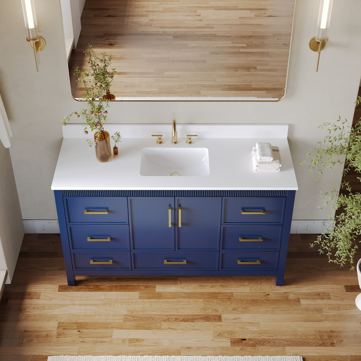 60 Inch Freestanding Solid Wood Bathroom Vanity with Pure White Quartz Countertop, 2 Soft-Close Doors & 7 Dovetail Drawers, Navy Blue