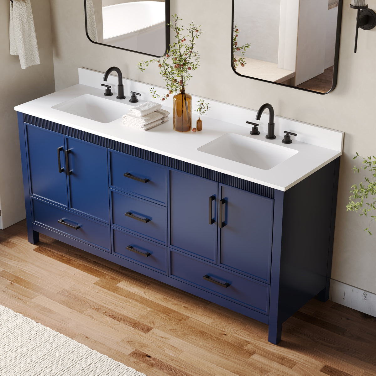 72 Inch Freestanding Solid Wood Bathroom Vanity with Pure White Quartz Countertop, 4 Soft-Close Doors & 5 Dovetail Drawers, Navy Blue