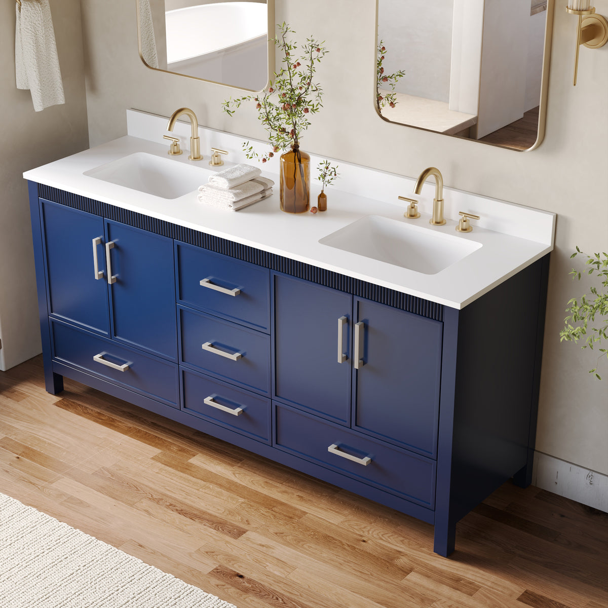 72 Inch Freestanding Solid Wood Bathroom Vanity with Pure White Quartz Countertop, 4 Soft-Close Doors & 5 Dovetail Drawers, Navy Blue