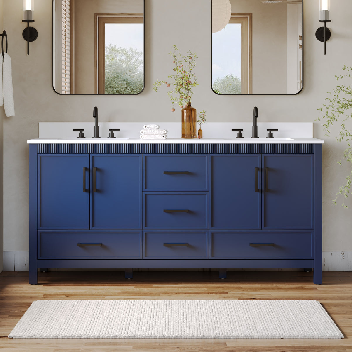 72 Inch Freestanding Solid Wood Bathroom Vanity with Pure White Quartz Countertop, 4 Soft-Close Doors & 5 Dovetail Drawers, Navy Blue