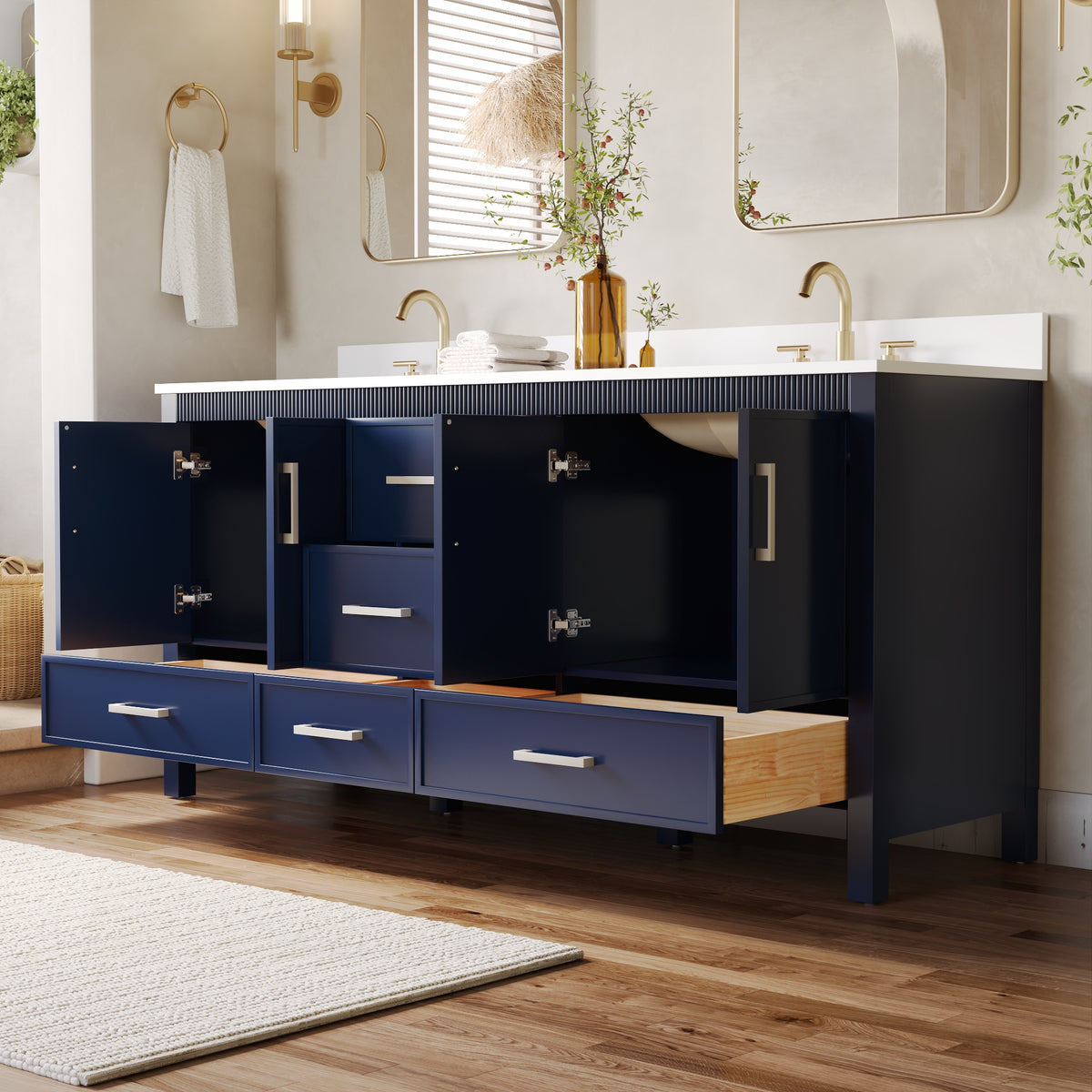 72 Inch Freestanding Solid Wood Bathroom Vanity with Pure White Quartz Countertop, 4 Soft-Close Doors & 5 Dovetail Drawers, Navy Blue