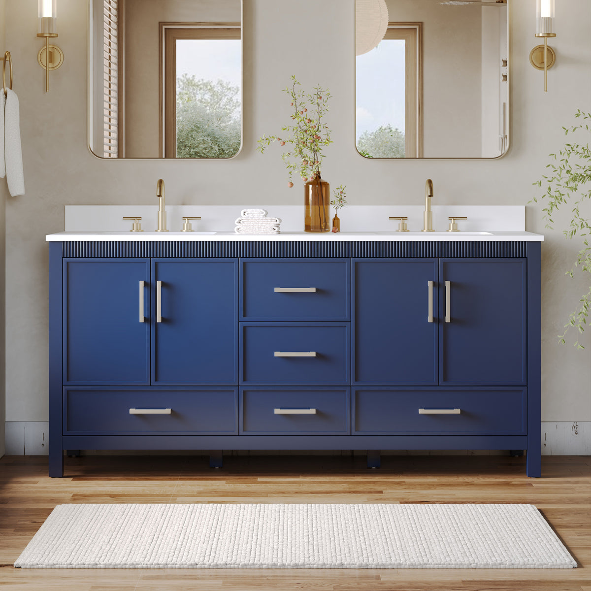 72 Inch Freestanding Solid Wood Bathroom Vanity with Pure White Quartz Countertop, 4 Soft-Close Doors & 5 Dovetail Drawers, Navy Blue