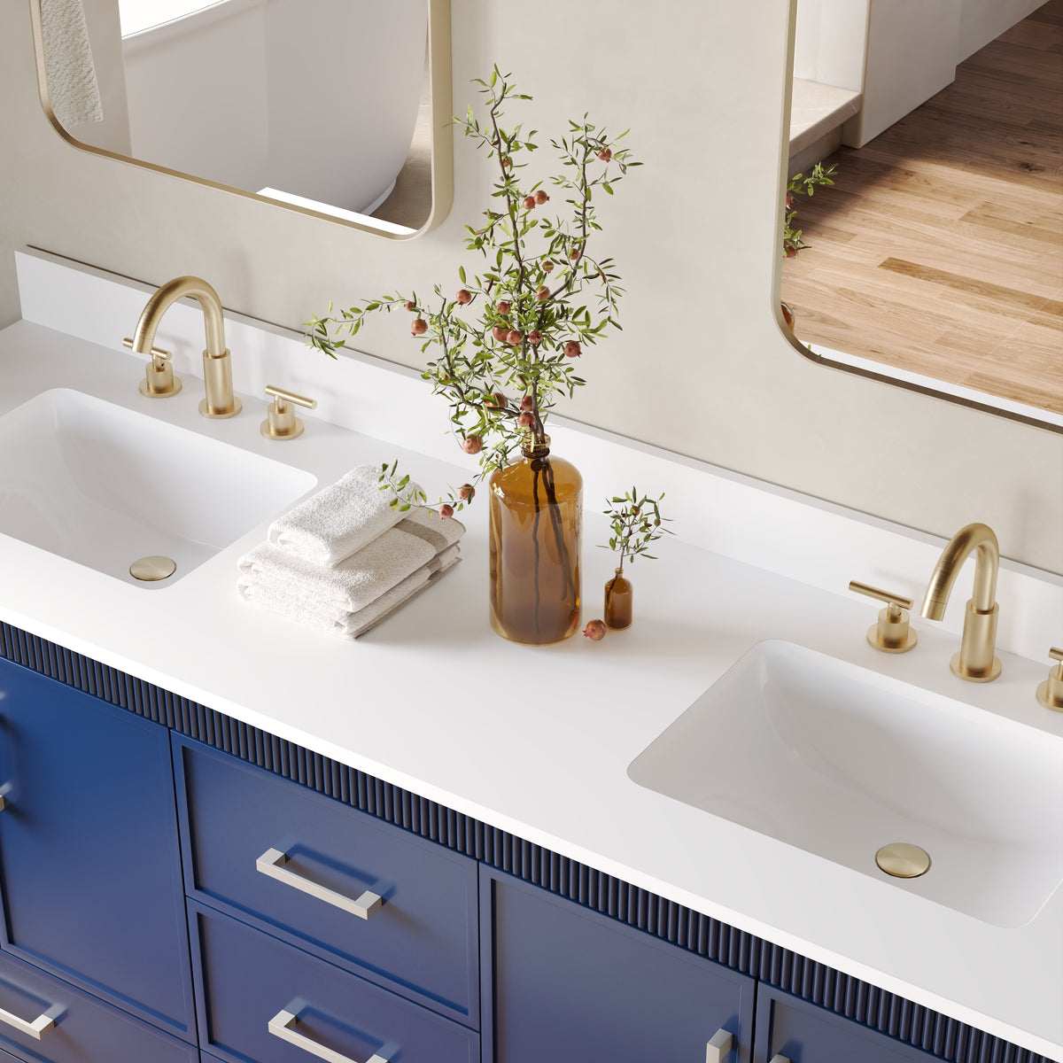 72 Inch Freestanding Solid Wood Bathroom Vanity with Pure White Quartz Countertop, 4 Soft-Close Doors & 5 Dovetail Drawers, Navy Blue