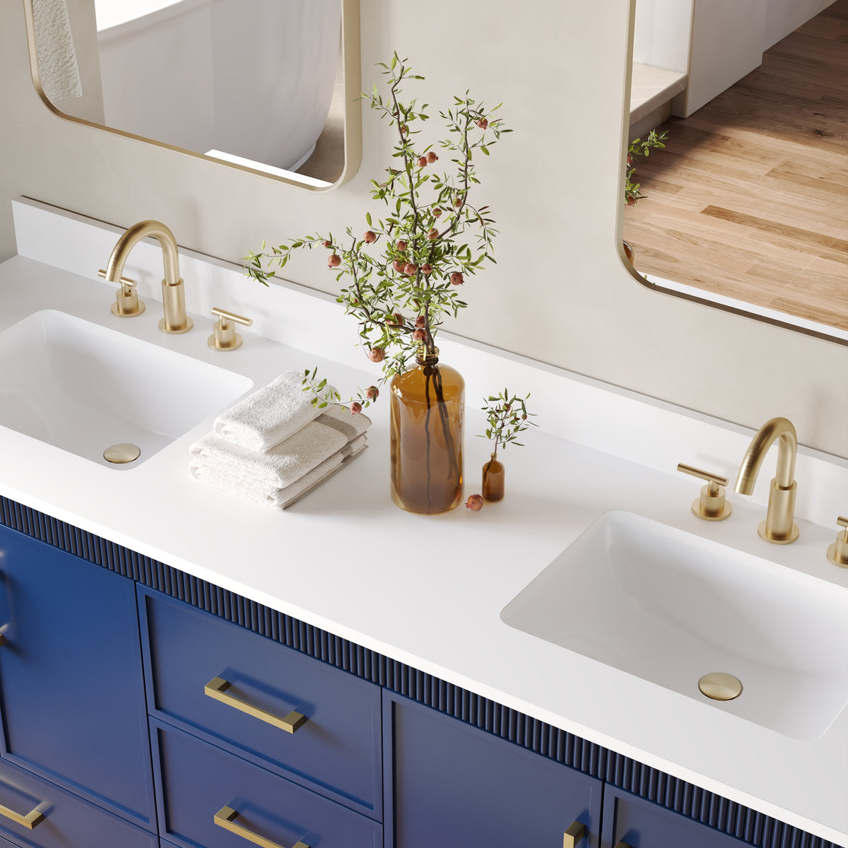 72 Inch Freestanding Solid Wood Bathroom Vanity with Pure White Quartz Countertop, 4 Soft-Close Doors & 5 Dovetail Drawers, Navy Blue